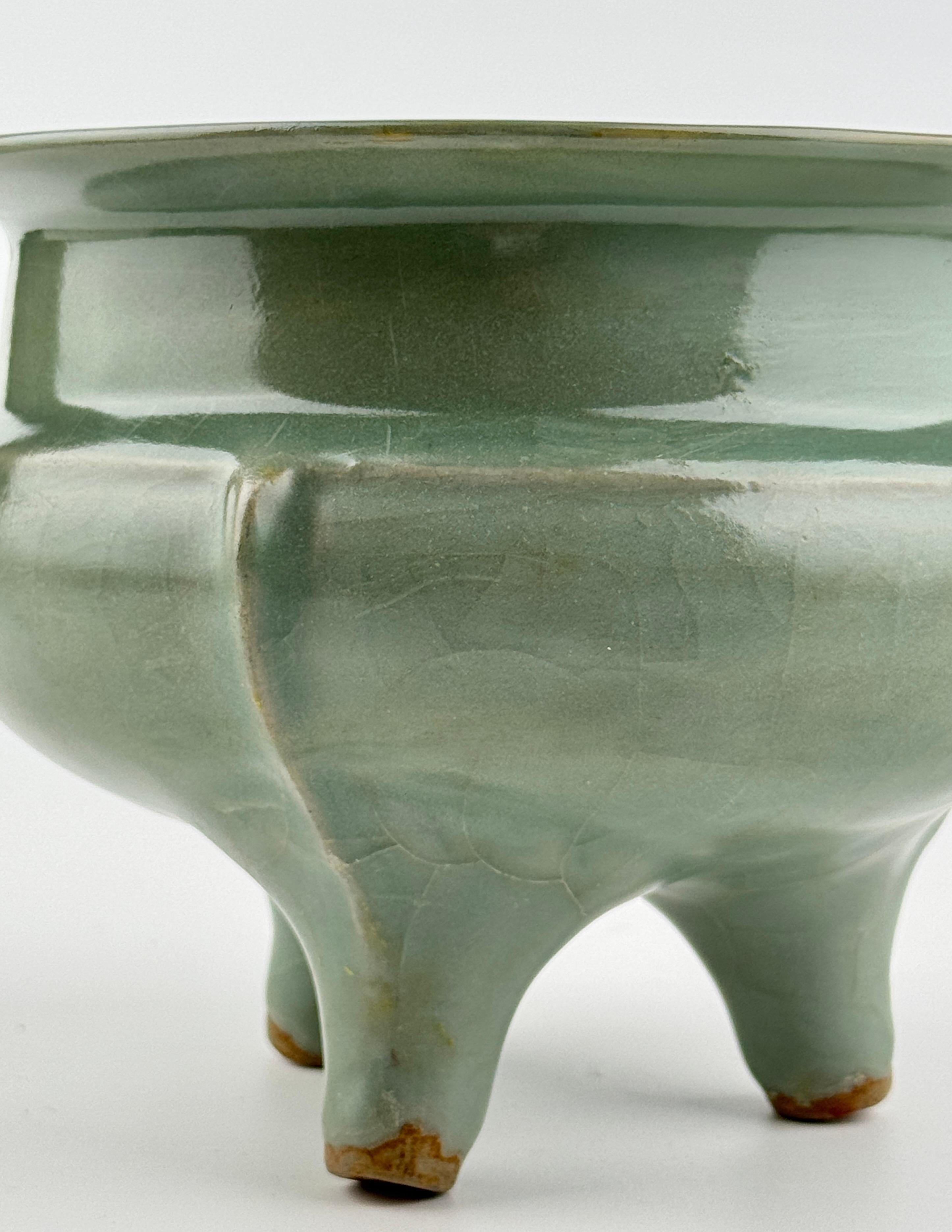 Glazed Rare Longquan Celadon Tripod Incense Burner, Song-Yuan Dynasty For Sale