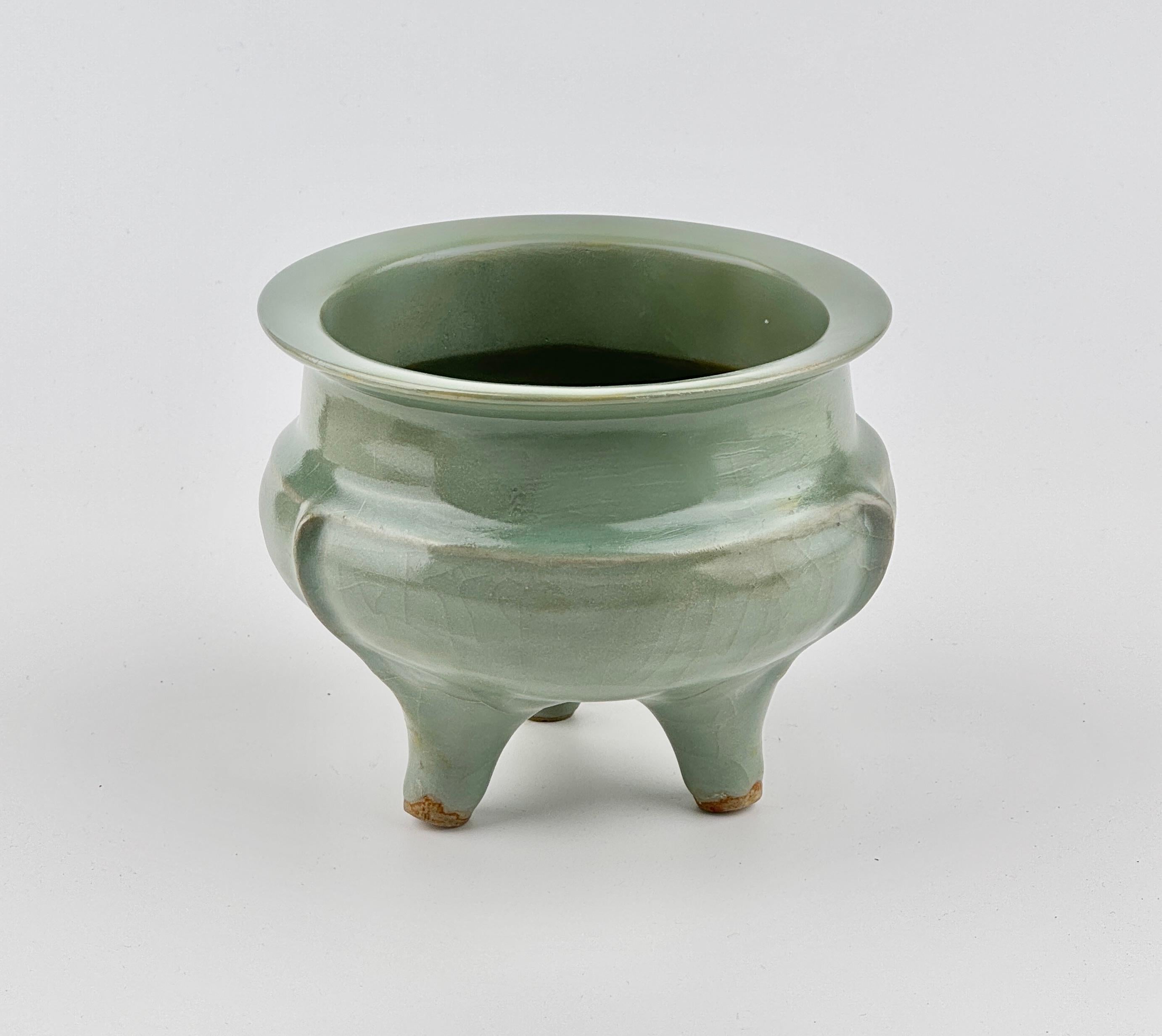 18th Century and Earlier Rare Longquan Celadon Tripod Incense Burner, Song-Yuan Dynasty For Sale