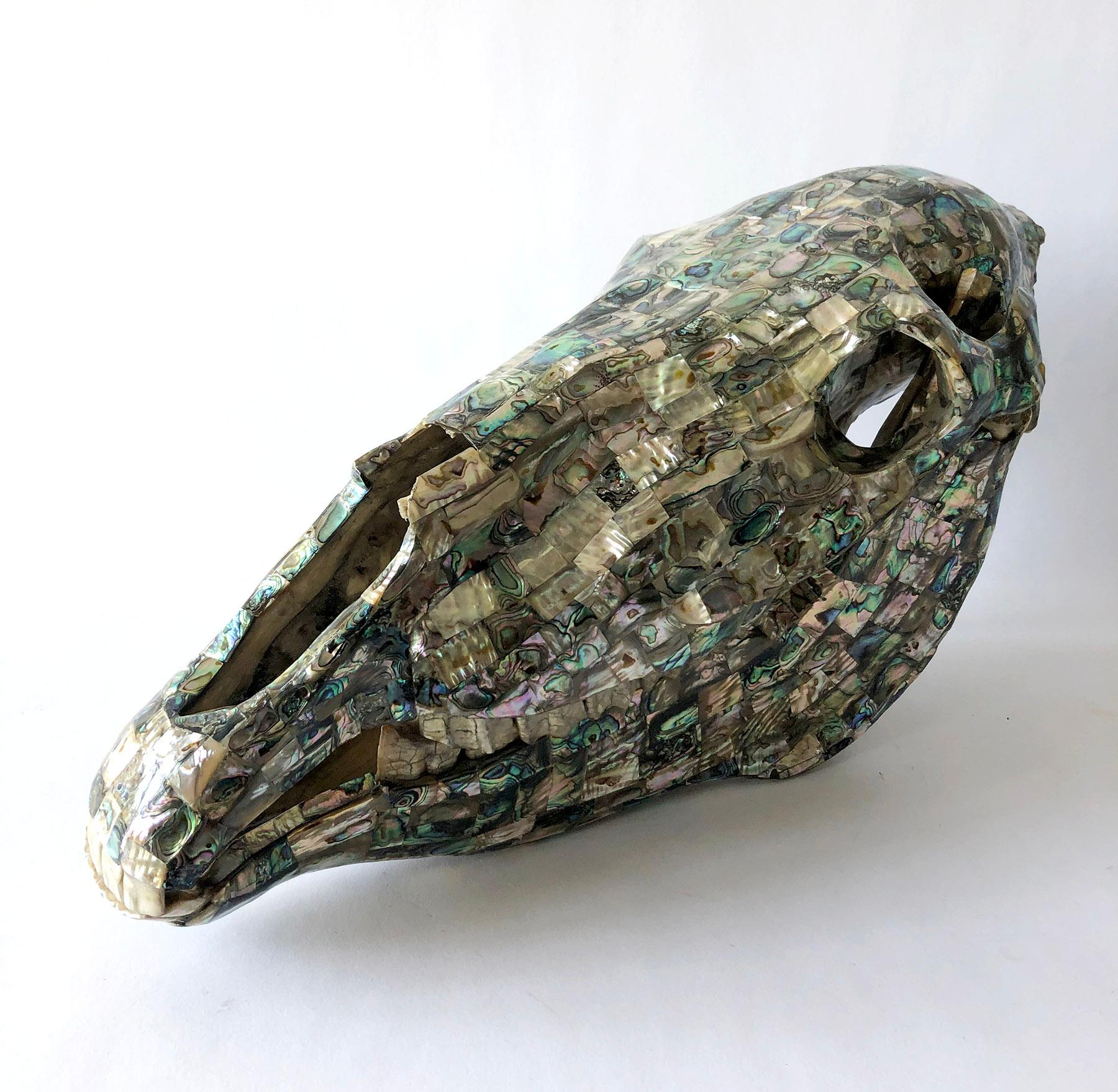 Rare Los Castillo Mexican Modern Abalone Horse Skull Sculpture In Good Condition In Palm Springs, CA