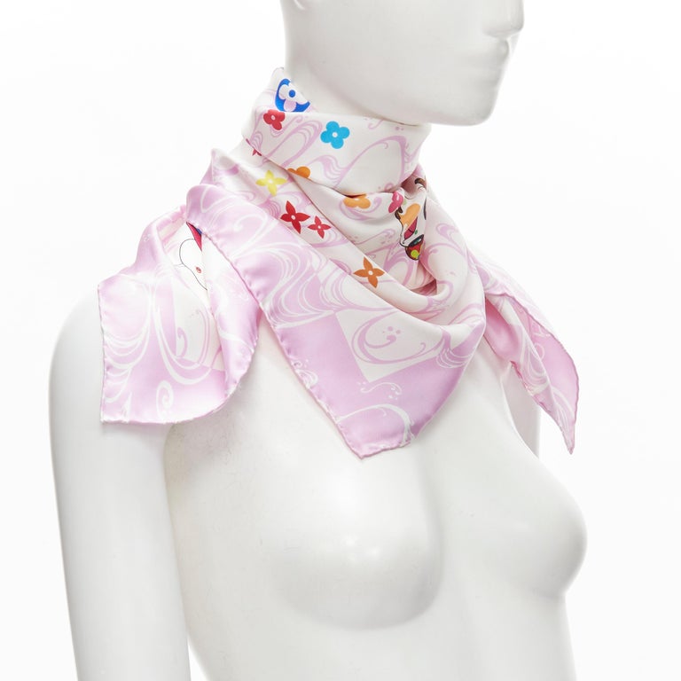 rare LOUIS VUITTON 2003 Murakami Panda Onion Head 100% silk LV pink scarf