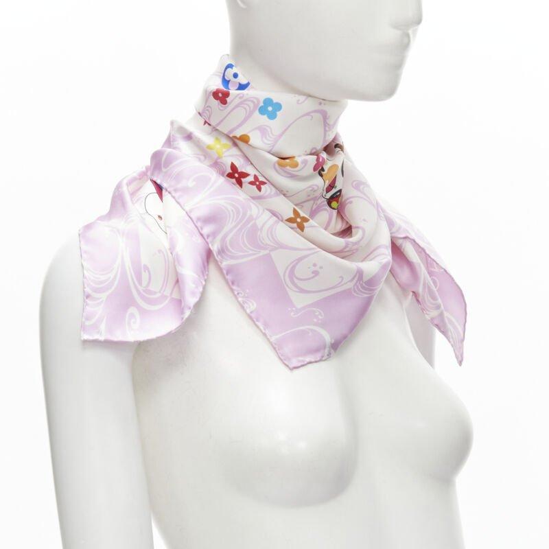 Gray rare LOUIS VUITTON 2003 Murakami Panda Onion Head 100% silk LV pink scarf