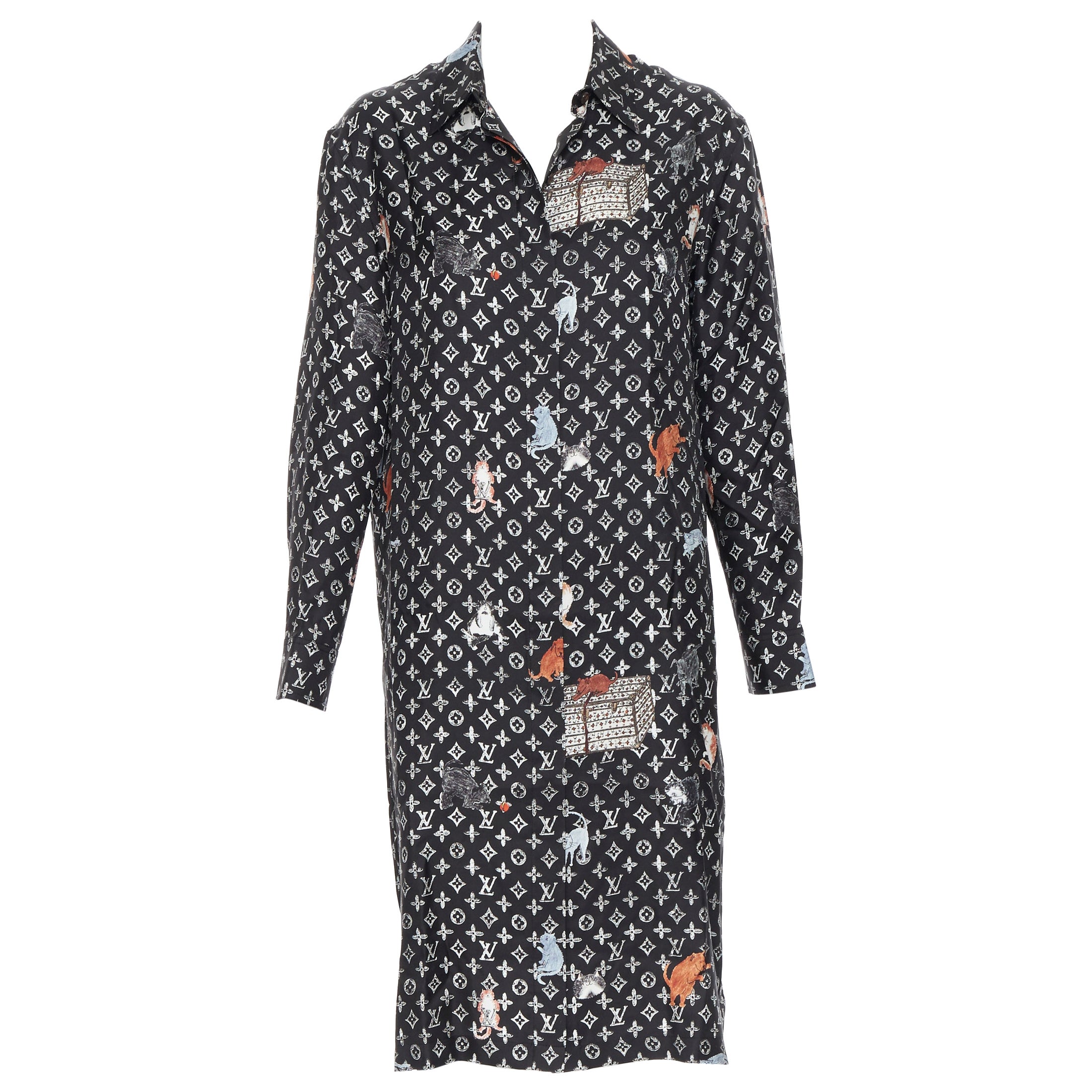 rare LOUIS VUITTON 2019 Grace Coddington Catagram monogram silk shirt dress S