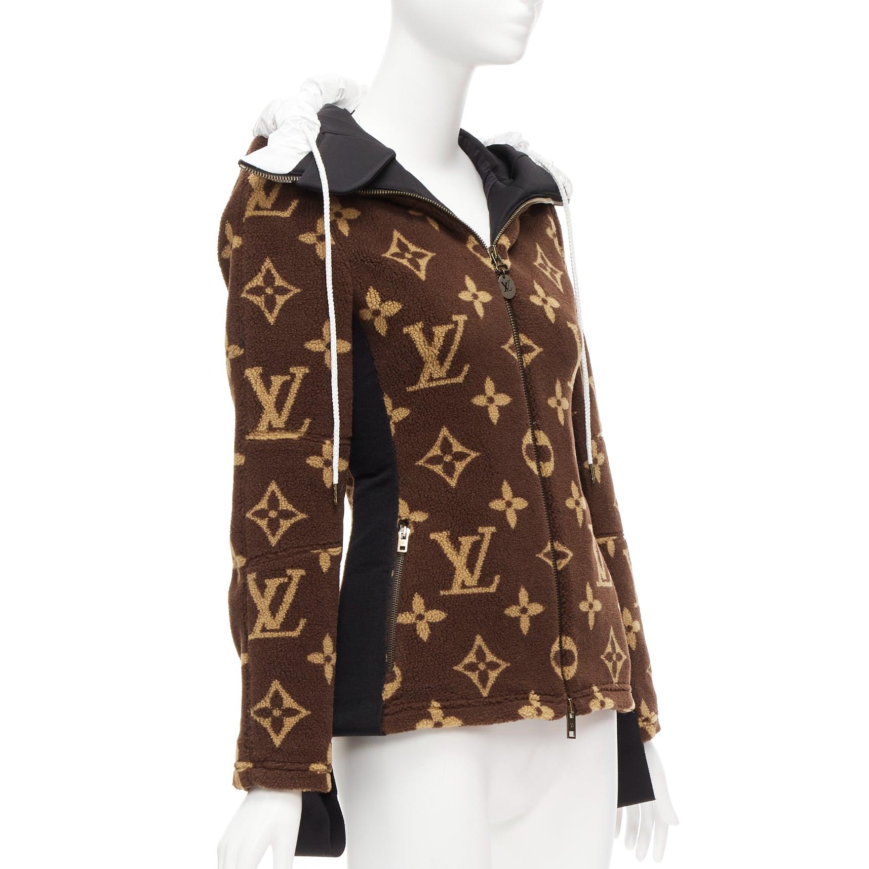 Women's rare LOUIS VUITTON 2021 Giant XL monogram brown fleece hooded jacket FR34 XS For Sale