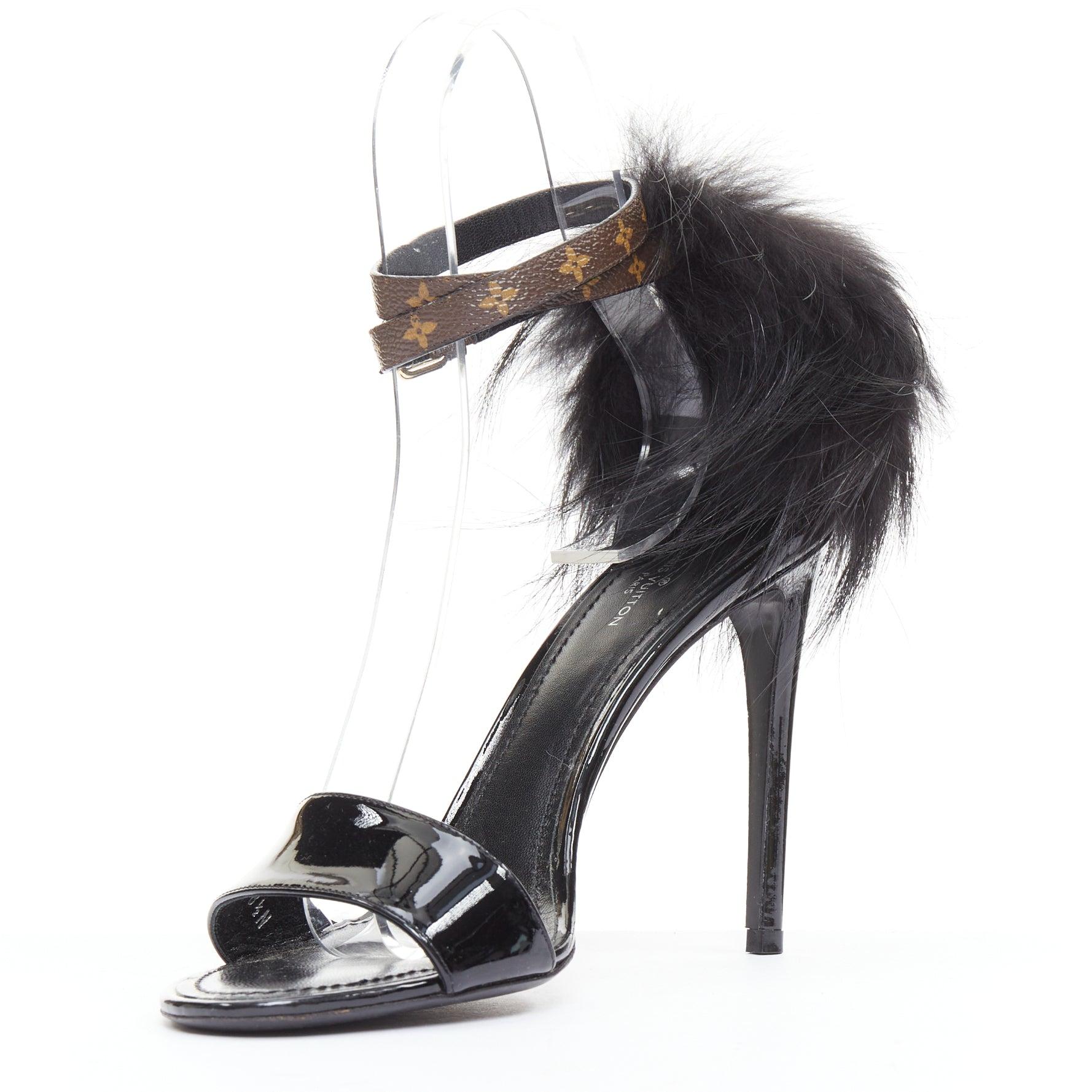 selten LOUIS VUITTON Call Back schwarzer Lackpelzbesatz LV Knöchelriemenabsatz EU38.5 im Zustand „Hervorragend“ im Angebot in Hong Kong, NT