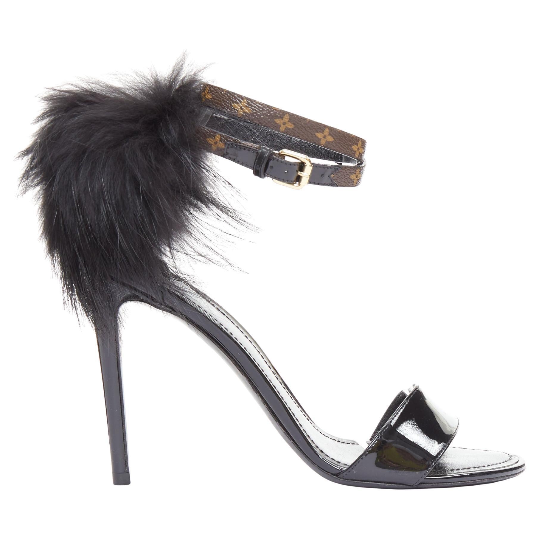 selten LOUIS VUITTON Call Back schwarzer Lackpelzbesatz LV Knöchelriemenabsatz EU38.5