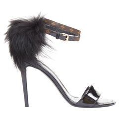 selten LOUIS VUITTON Call Back schwarzer Lackpelzbesatz LV Knöchelriemenabsatz EU38.5