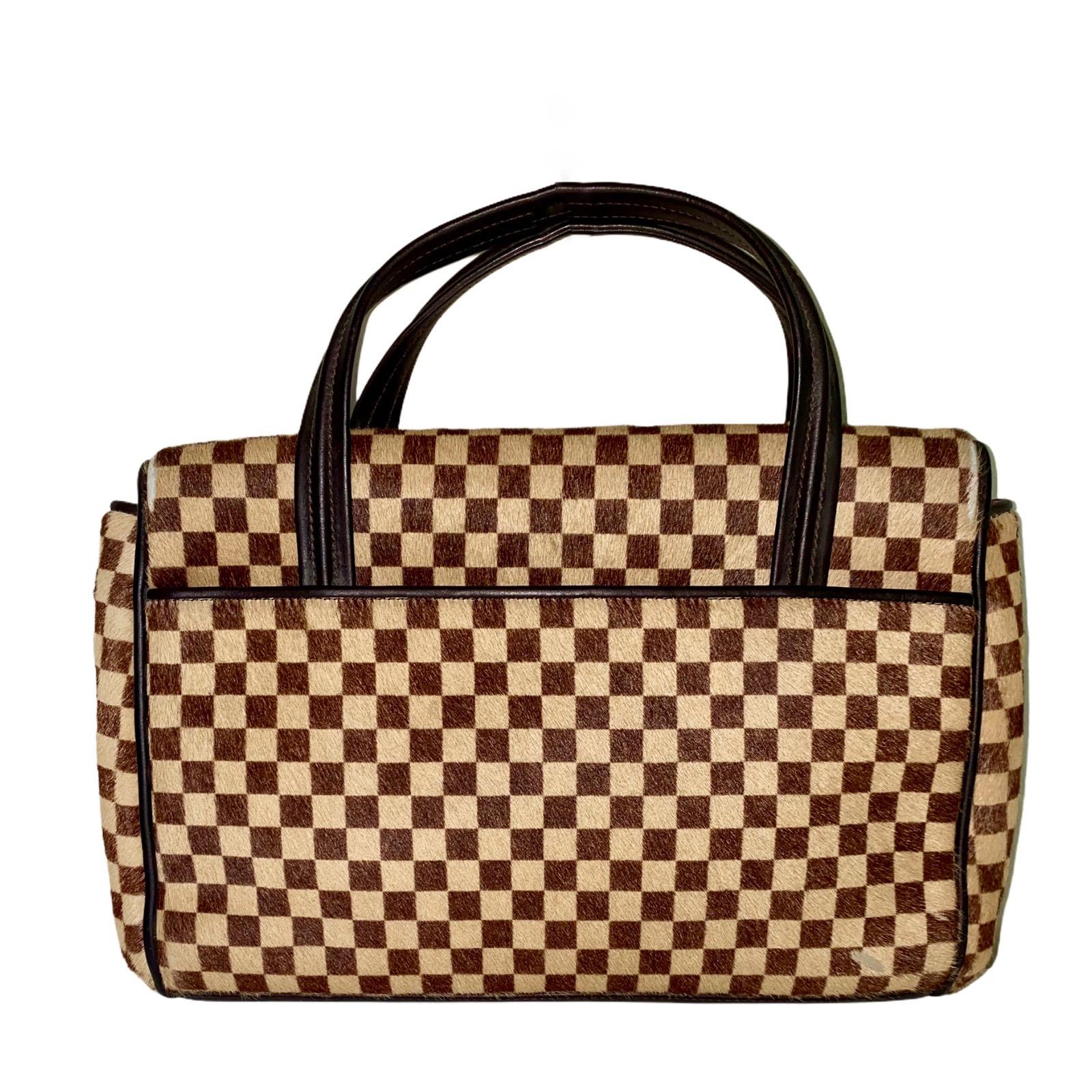 Brown Rare Louis Vuitton Damier LV Logo Fur & Calf Skin Leather Handbag