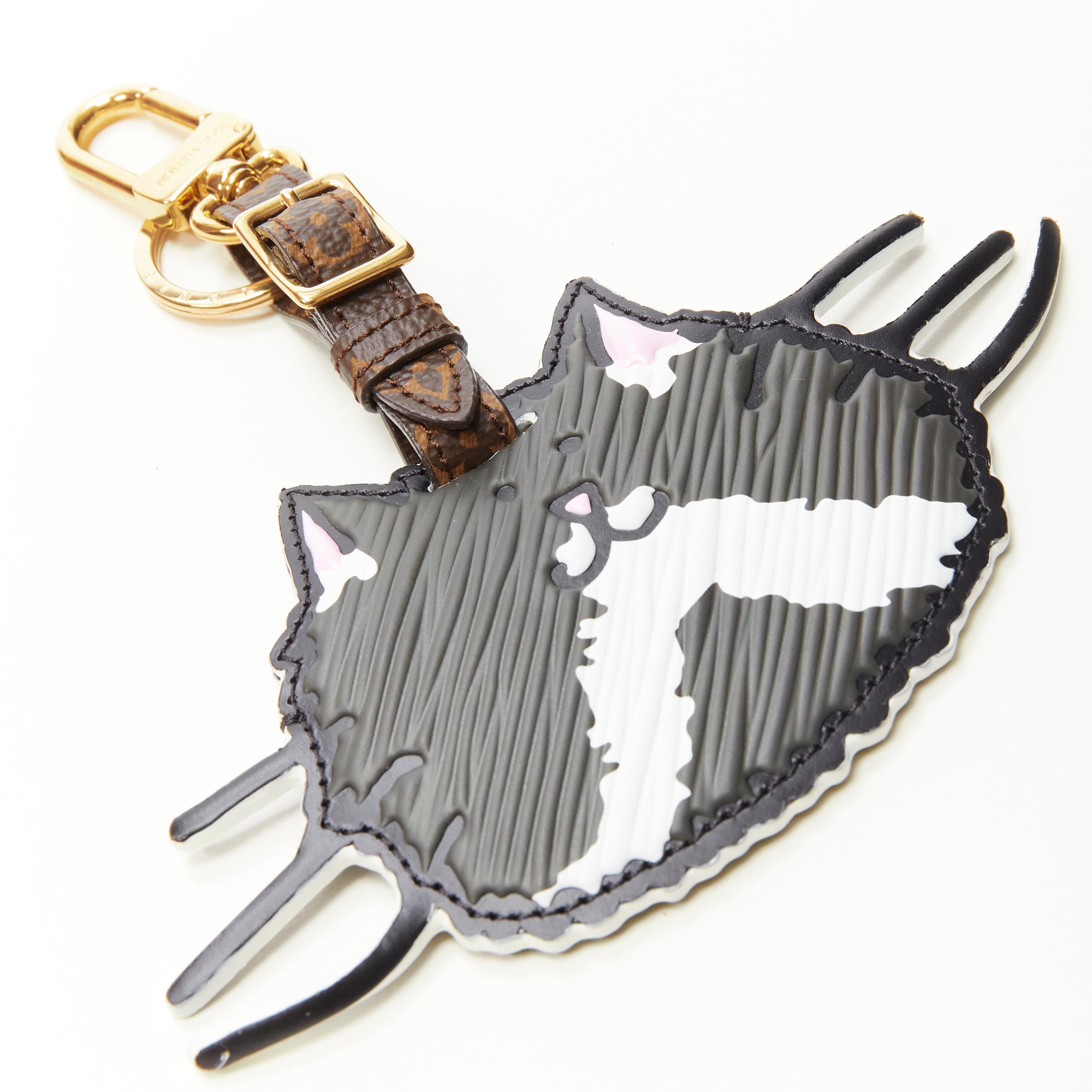 rare LOUIS VUITTON Grace Coddingtom Catogram grey epi cat bag charm key holder In Excellent Condition For Sale In Hong Kong, NT