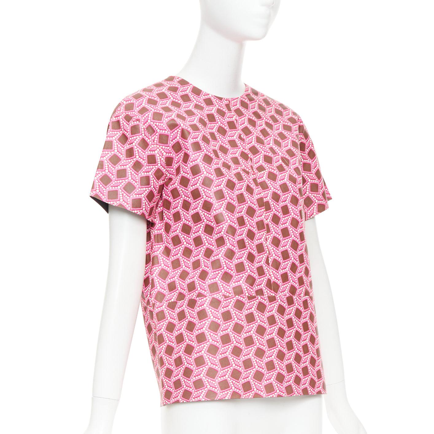 seltenes LOUIS VUITTON Leder rosa vergrößertes Gitter Spitze Druck kastenförmiges Top FR34 XS (Pink) im Angebot