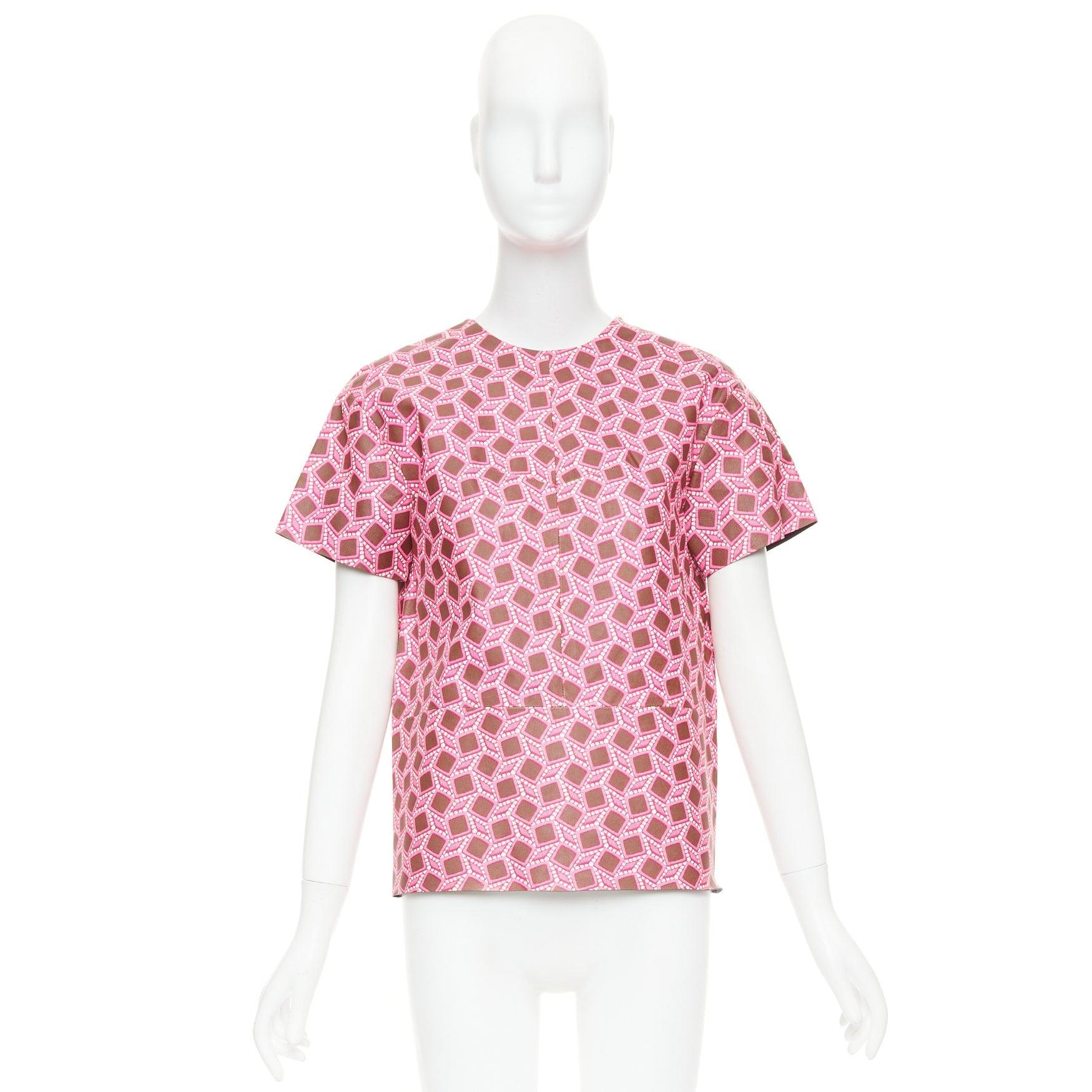 seltenes LOUIS VUITTON Leder rosa vergrößertes Gitter Spitze Druck kastenförmiges Top FR34 XS im Angebot 4