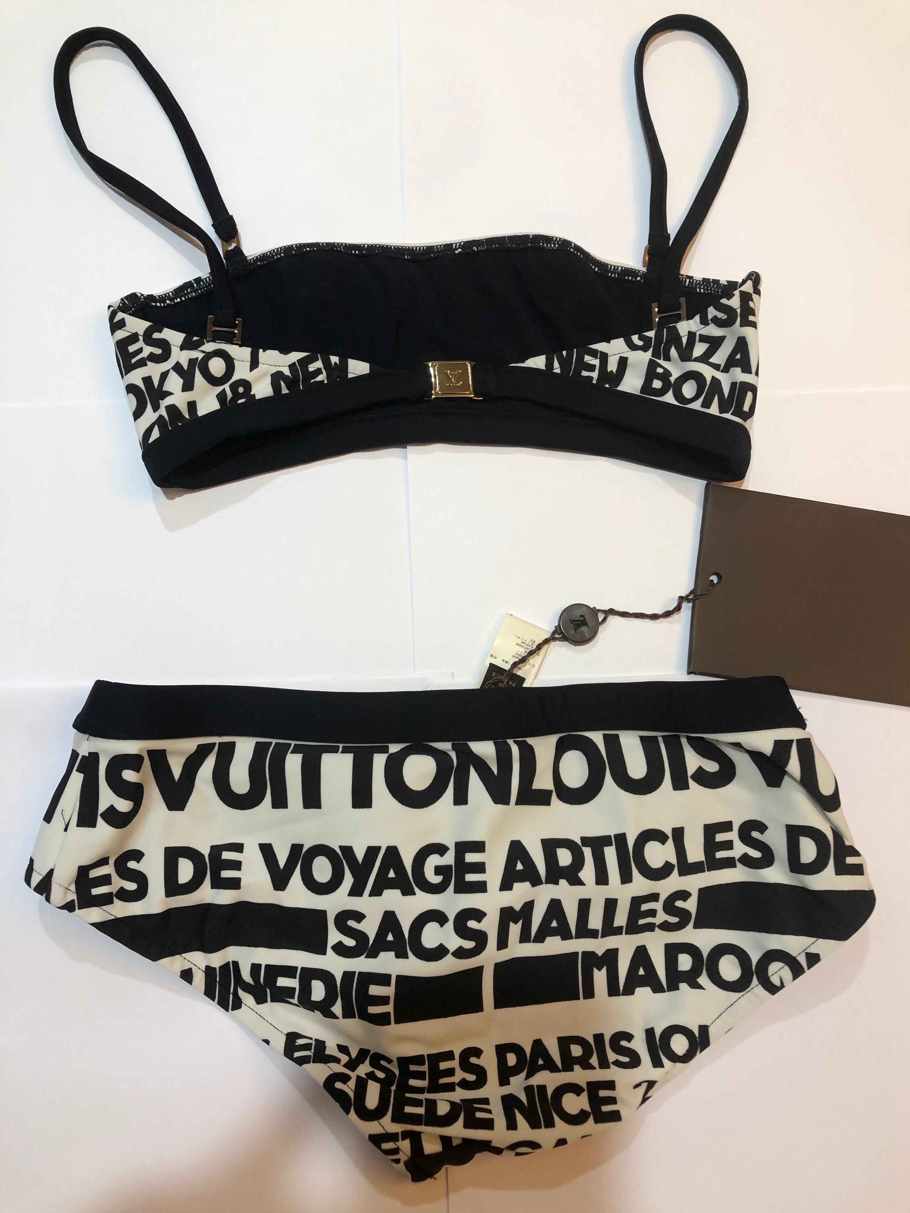 Rare Louis Vuitton Logo Bikini Swimsuit Black and White 34 In New Condition For Sale In Hoffman Estates, IL