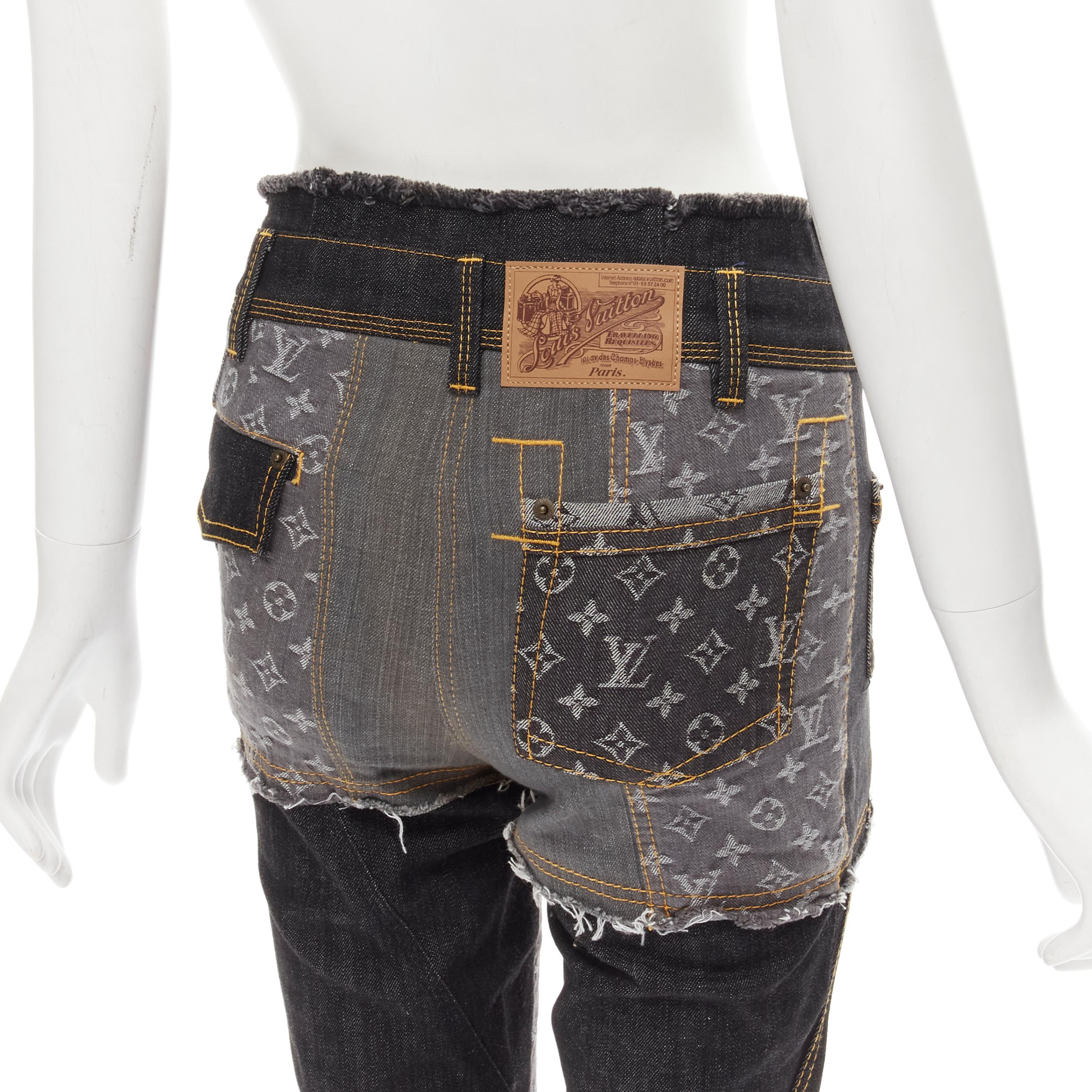 rare LOUIS VUITTON LV mongram jacquard raw cut patchwork jean S 
Reference: ANWU/A00766 
Brand: Louis Vuitton 
Material: Feels like denim 
Color: Blue 
Pattern: Logo 
Closure: Zip 
Extra Detail: High rise jeans with extended raw frayed fabric insert