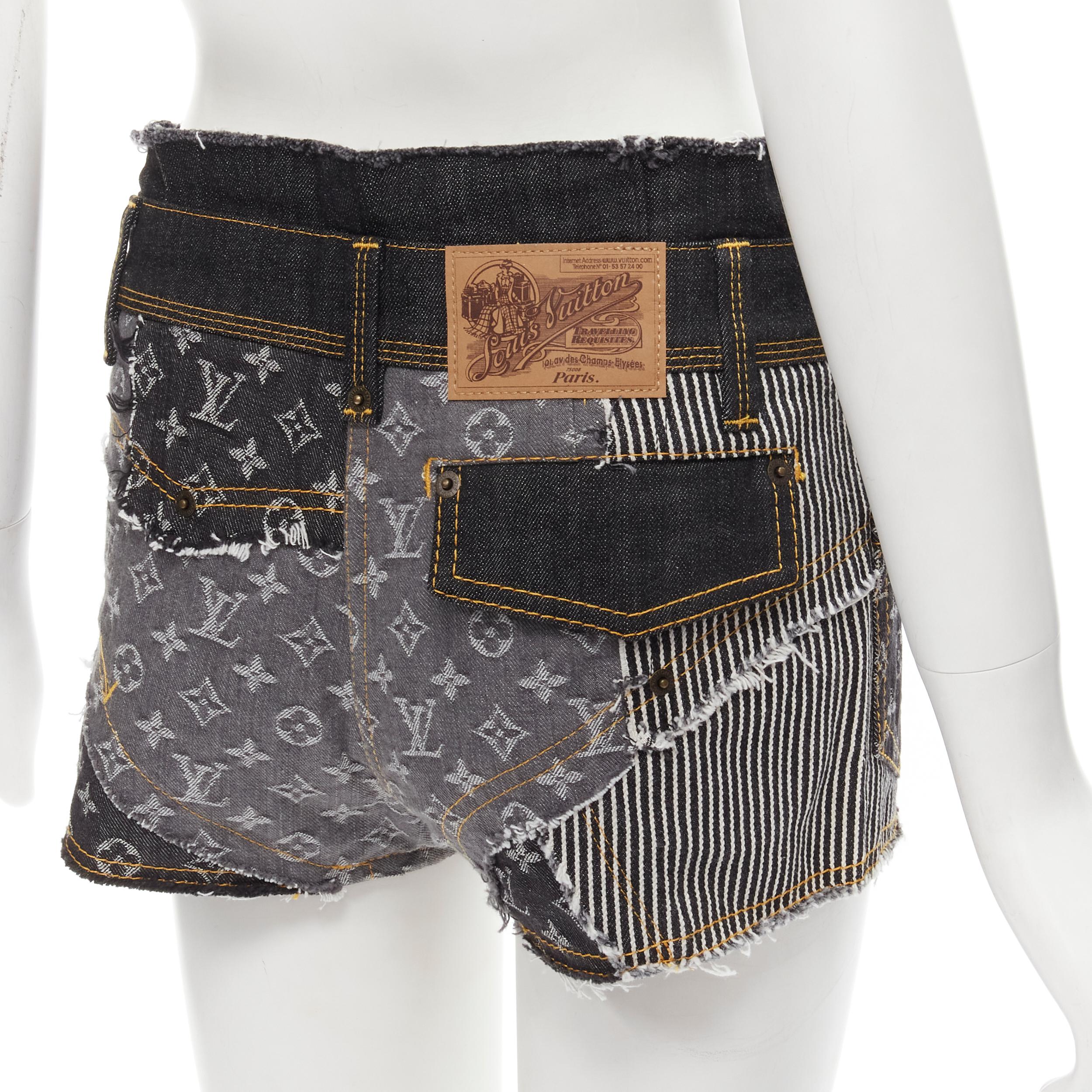 rare LOUIS VUITTON LV mongram jacquard raw cut patchwork shorts FR36 S 
Reference: ANWU/A00774 
Brand: Louis Vuitton 
Material: Feels like denim 
Color: Blue 
Pattern: Logo 
Closure: Zip 
Extra Detail: Low rise shorts with extended raw frayed fabric
