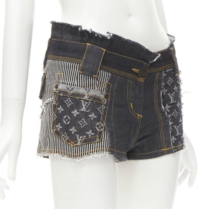 Gray rare LOUIS VUITTON LV mongram jacquard raw cut patchwork shorts FR36 S For Sale