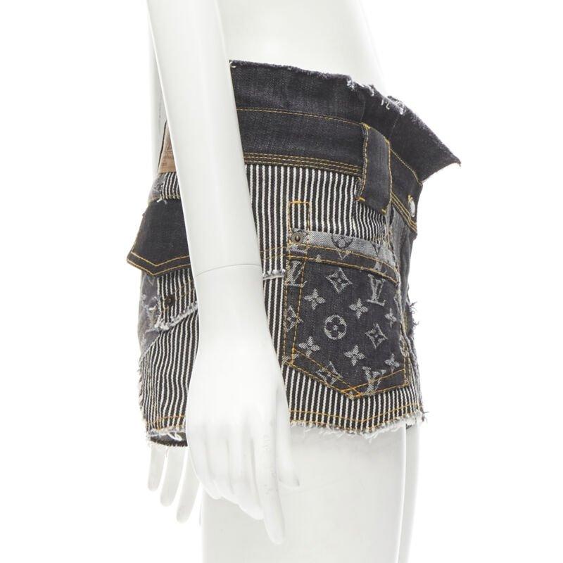 rare LOUIS VUITTON LV mongram jacquard raw cut patchwork shorts FR36 S In Excellent Condition For Sale In Hong Kong, NT