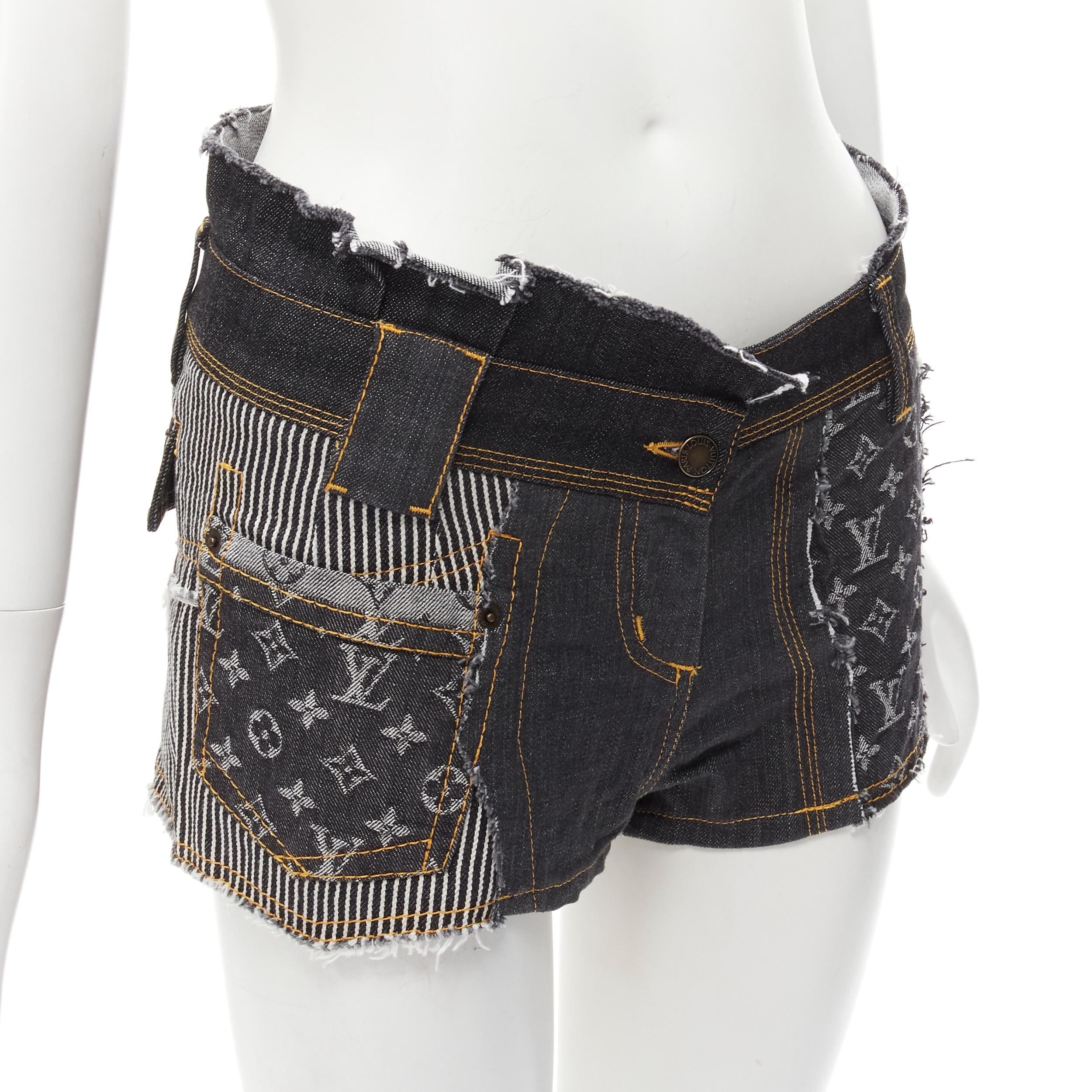 rare LOUIS VUITTON LV mongram jacquard raw cut patchwork shorts FR36 S In Excellent Condition For Sale In Hong Kong, NT