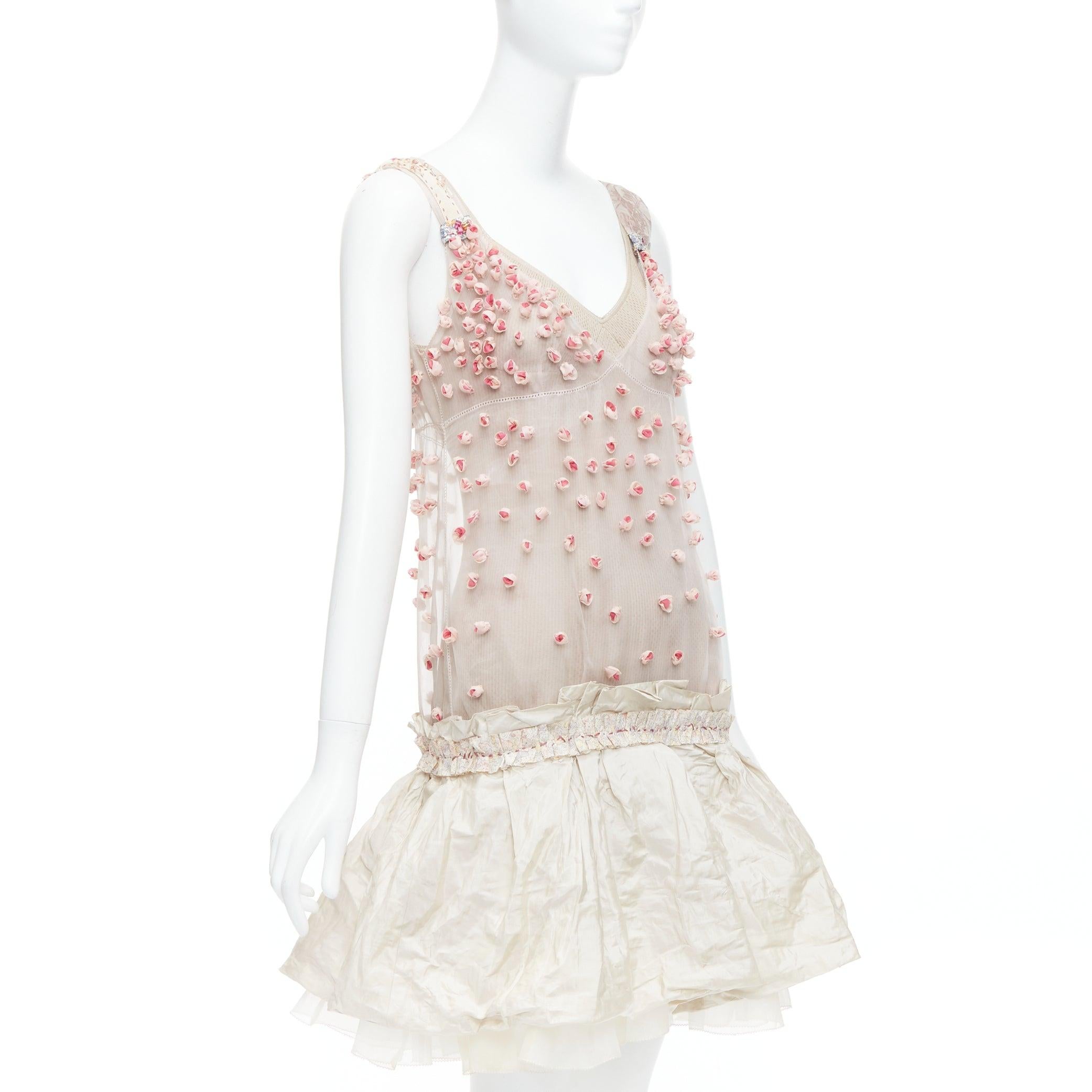 Beige rare LOUIS VUITTON Marc Jacobs 2007 Runway pink rosebud embellished dress FR36 S