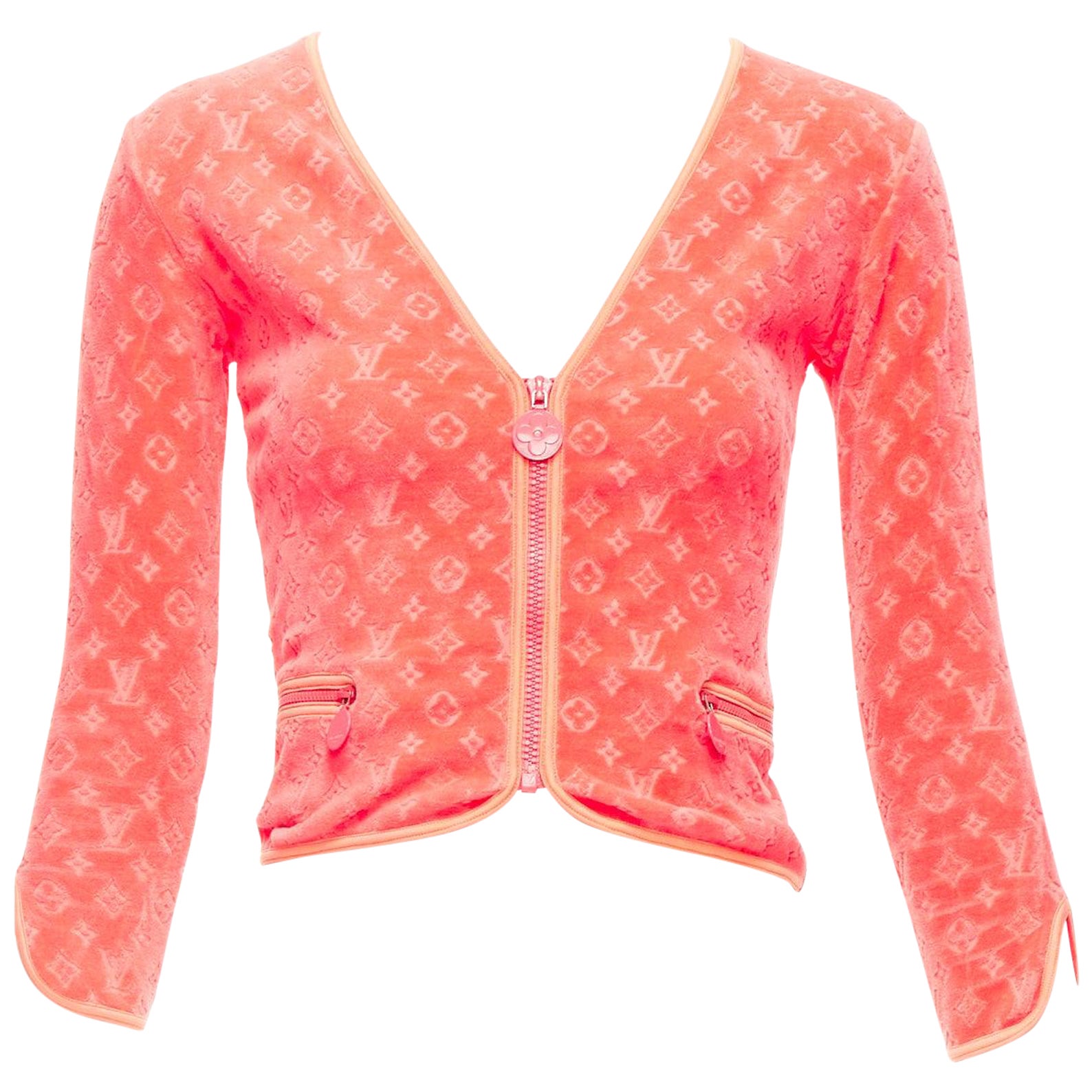 rare LOUIS VUITTON Marc Jacobs coral LV monogram velour crop cardigan FR36 S