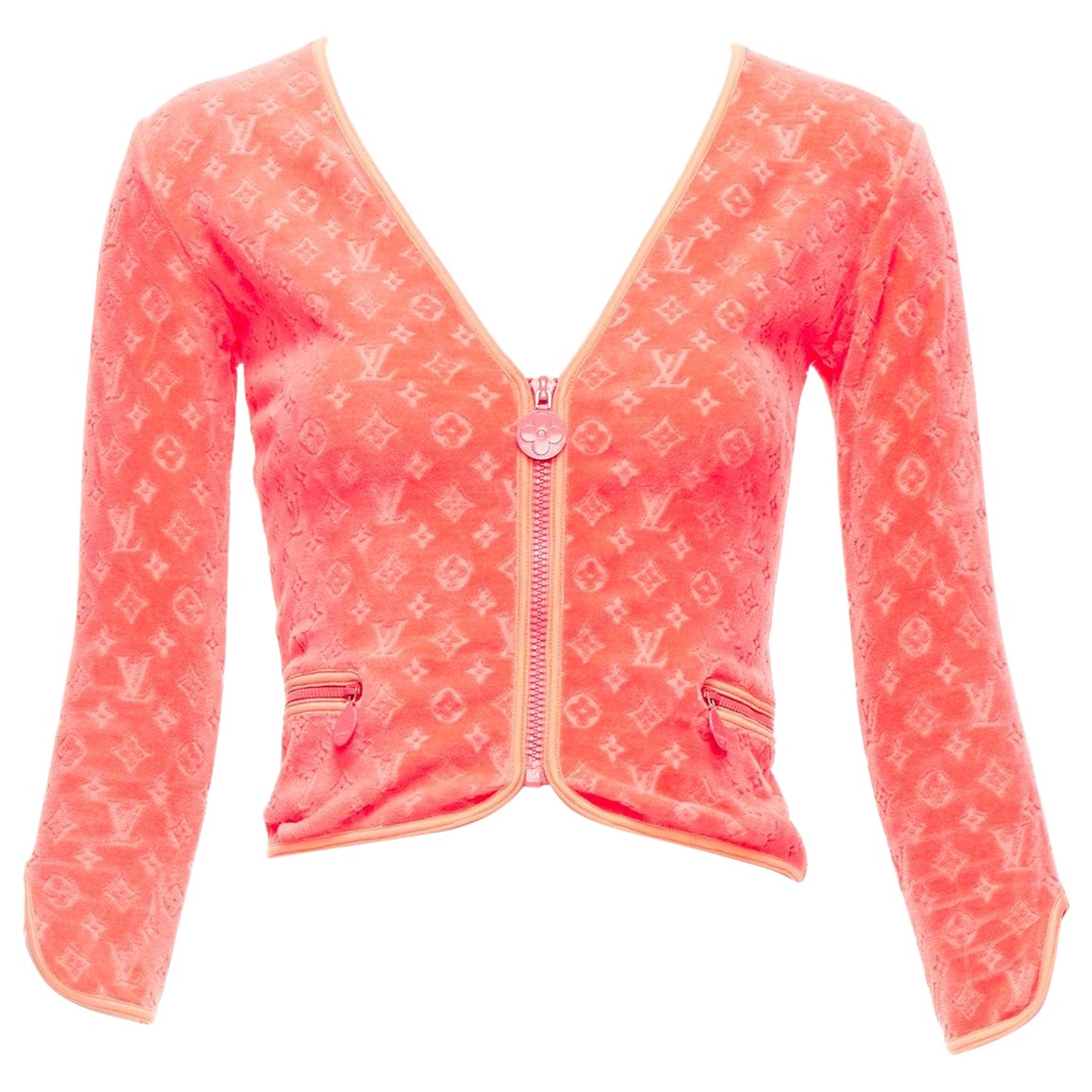 rare LOUIS VUITTON Marc Jacobs coral LV monogram velour crop cardigan FR36 S For Sale