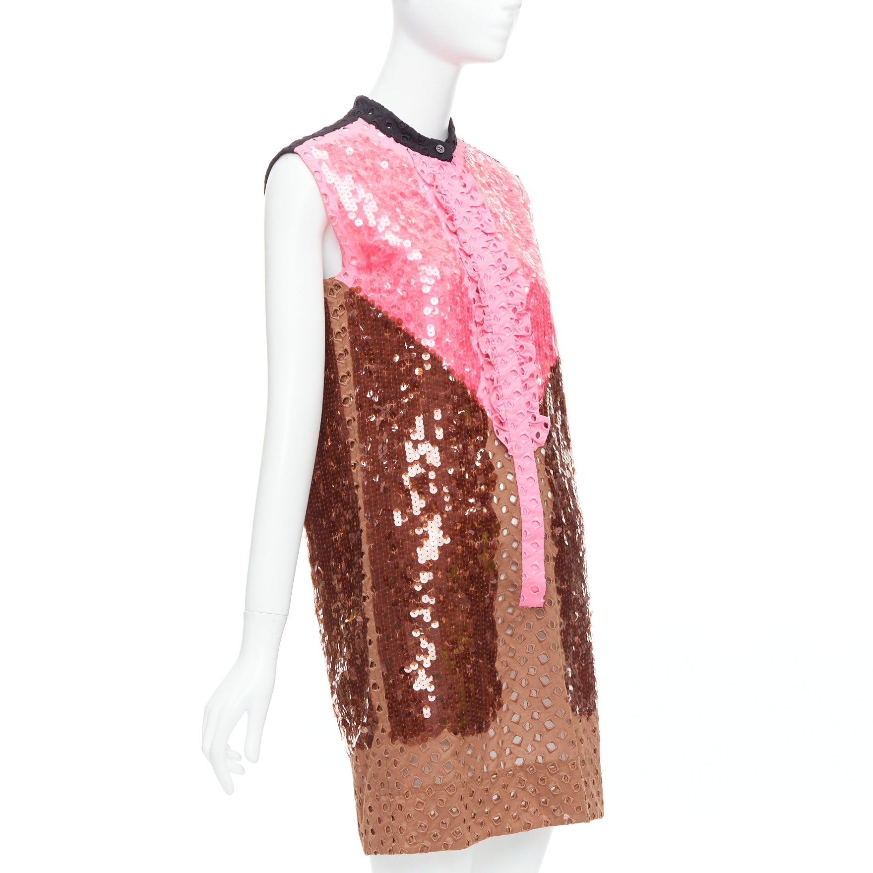 raro LOUIS VUITTON rosa marrón colorblock lentejuelas bordado vestido anglais FR34 Marrón en venta