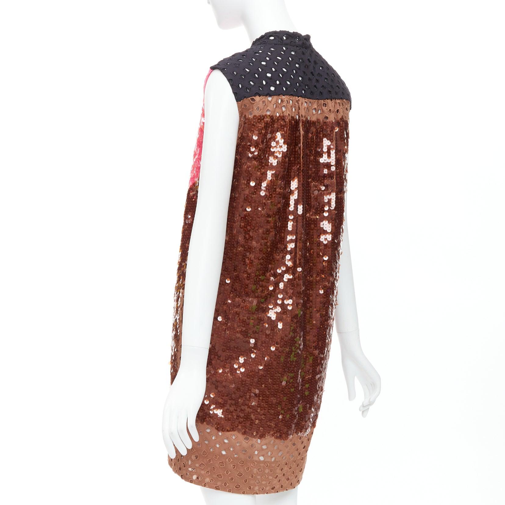 raro LOUIS VUITTON rosa marrón colorblock lentejuelas bordado vestido anglais FR34 en venta 1