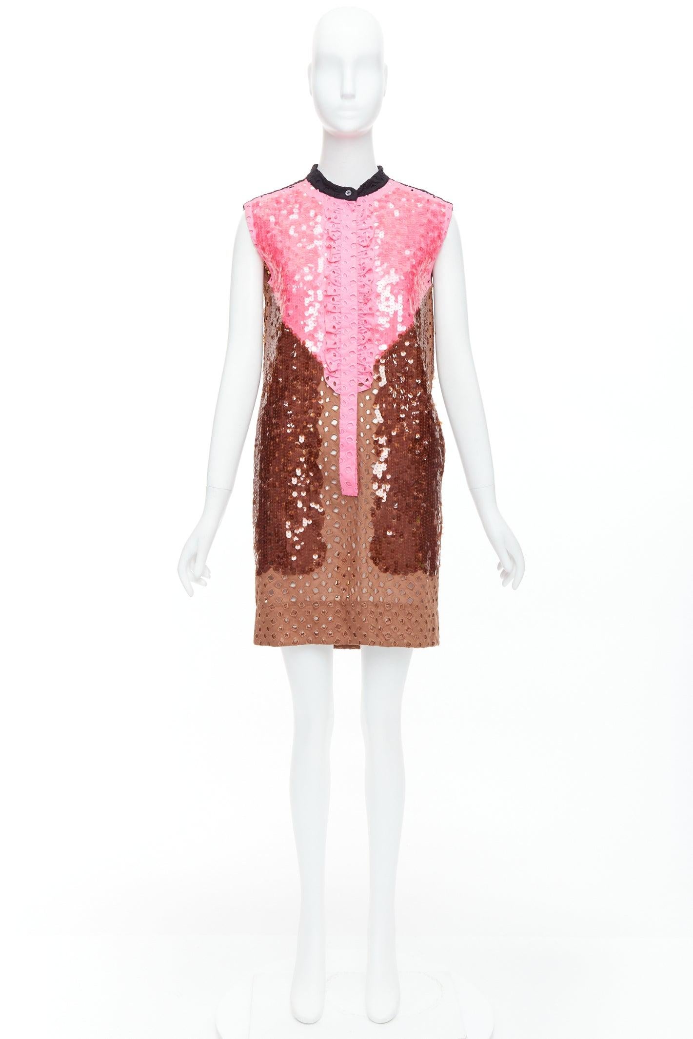 raro LOUIS VUITTON rosa marrón colorblock lentejuelas bordado vestido anglais FR34 en venta 4