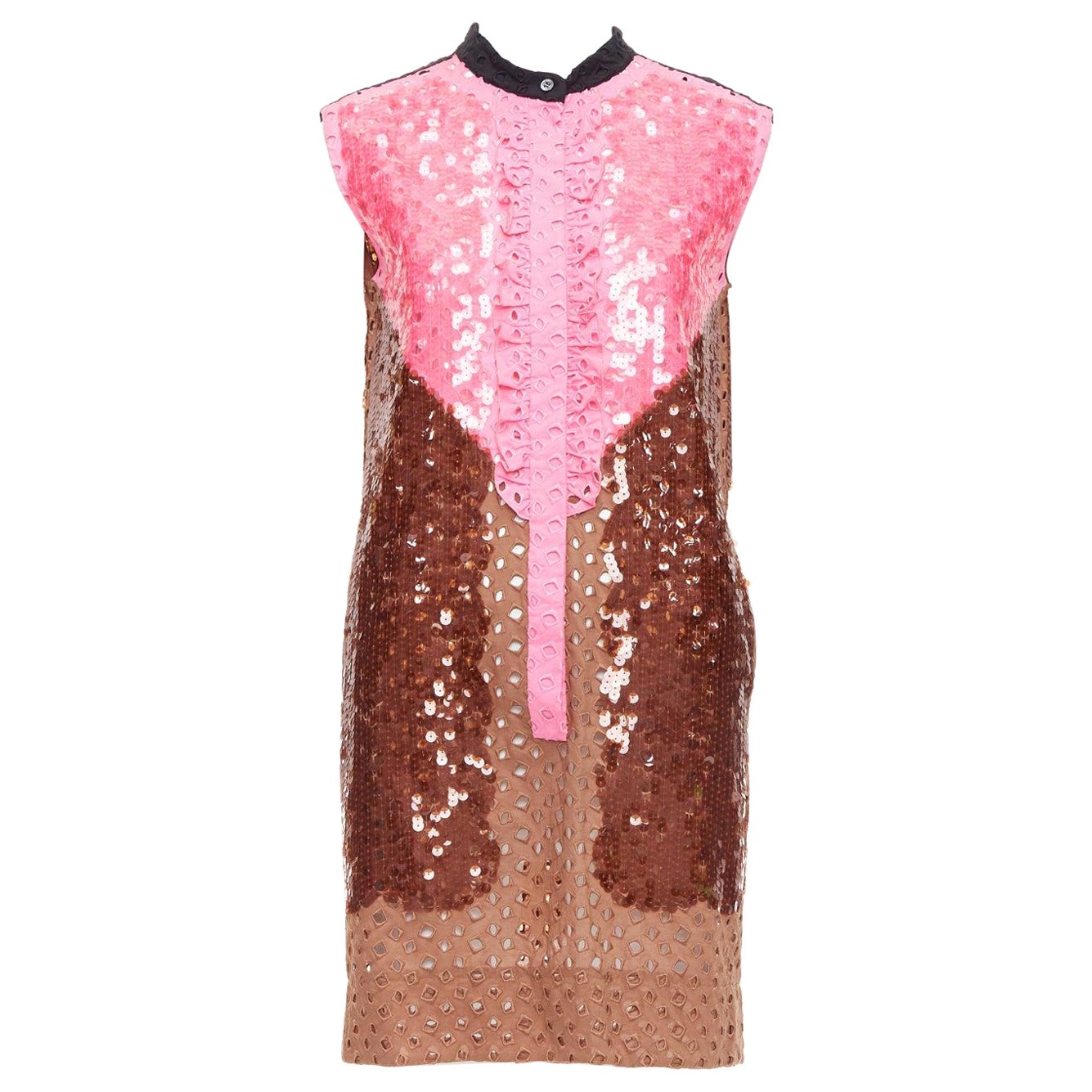 rare LOUIS VUITTON rose Brown colorblock paillettes broderie anglais robe FR34