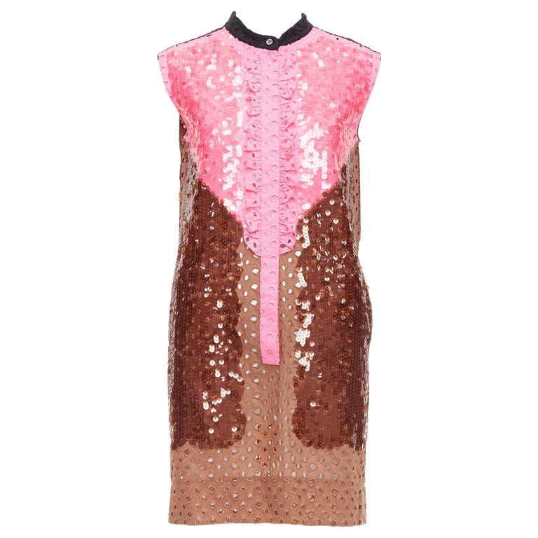 rare LOUIS VUITTON pink brown colorblock sequins embroidery anglais dress  FR34 For Sale at 1stDibs
