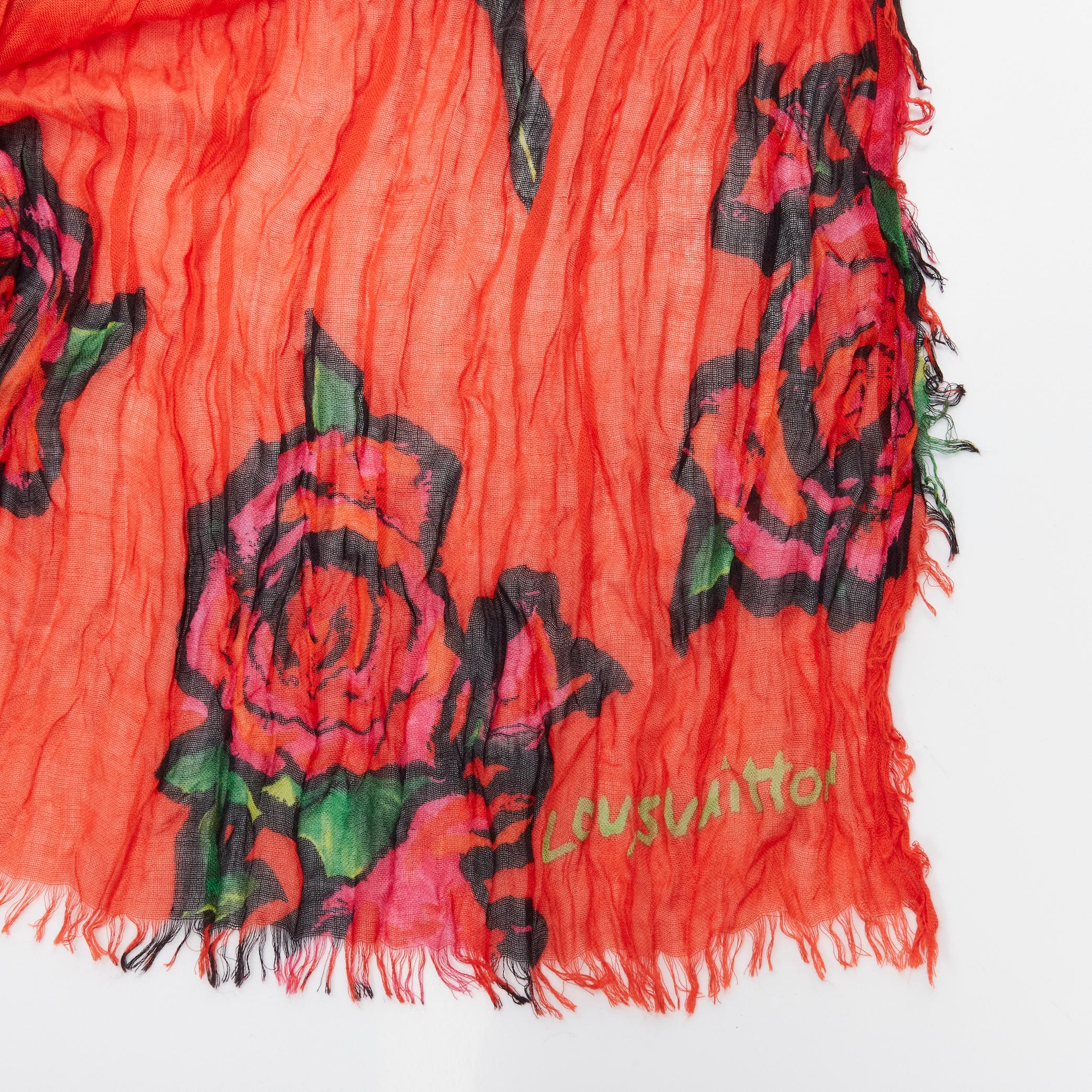 rare LOUIS VUITTON Stephen Sprouse cashmere silk red Graffiti Pop Rose scarf 
Reference: ANWU/A00576 
Brand: Louis Vuitton 
Designer: Marc Jacobs 
Collection: Stephen Sprouse 
Material: Cashmere 
Color: Red 
Pattern: Floral 
Extra Detail: Frayed