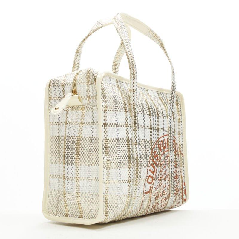 Beige rare LOUIS VUITTON Street Shopper PM metallic gold silver woven leather tote bag For Sale