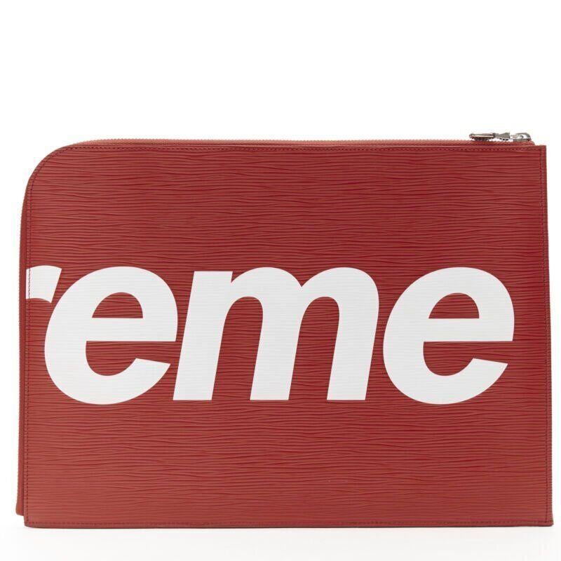 Brown rare LOUIS VUITTON SUPREME 2017 LV Epi Pouchette Jour GM red document clutch bag For Sale