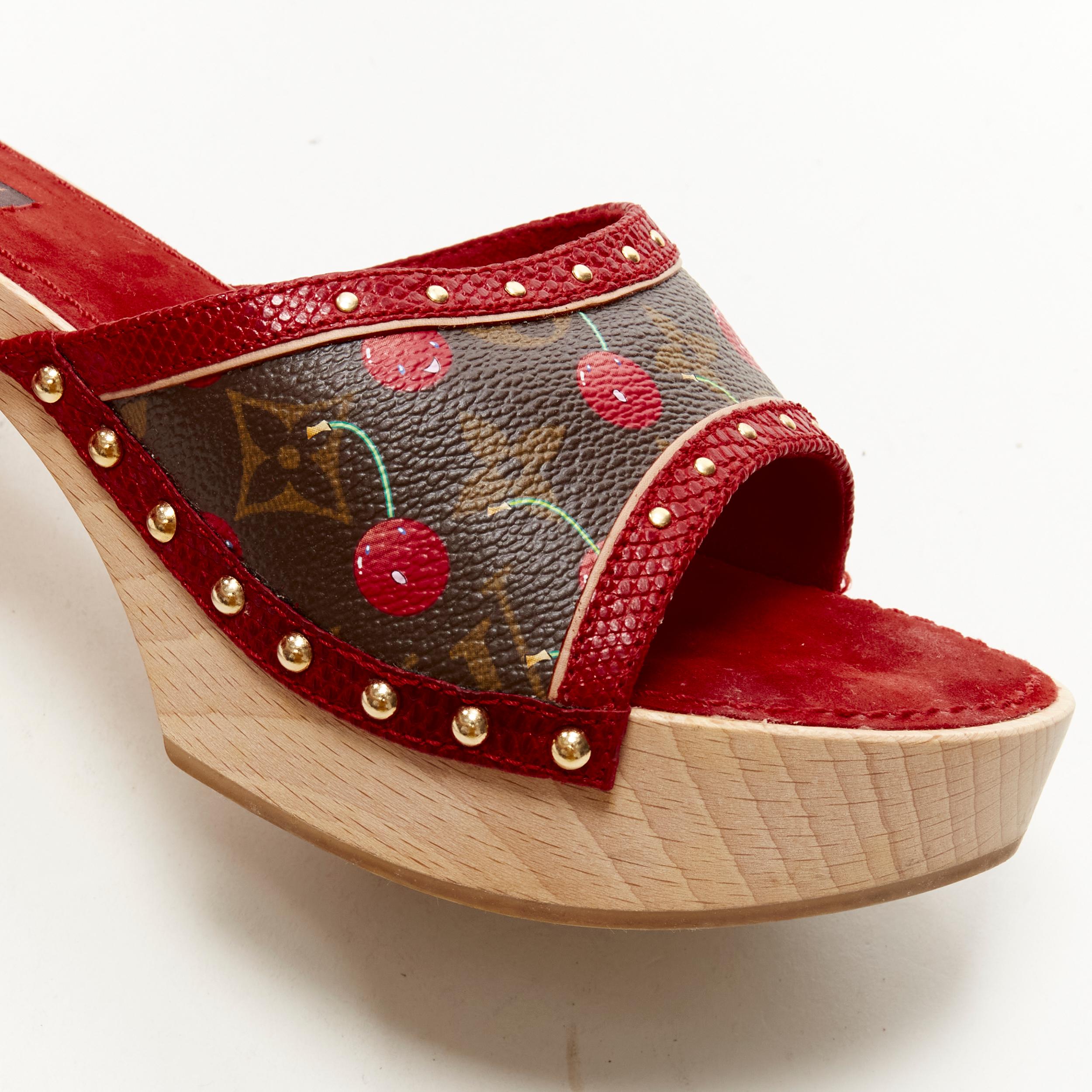 Women's rare LOUIS VUITTON Takashi Murakami Cerises cherry wooden clog sandal EU37 For Sale