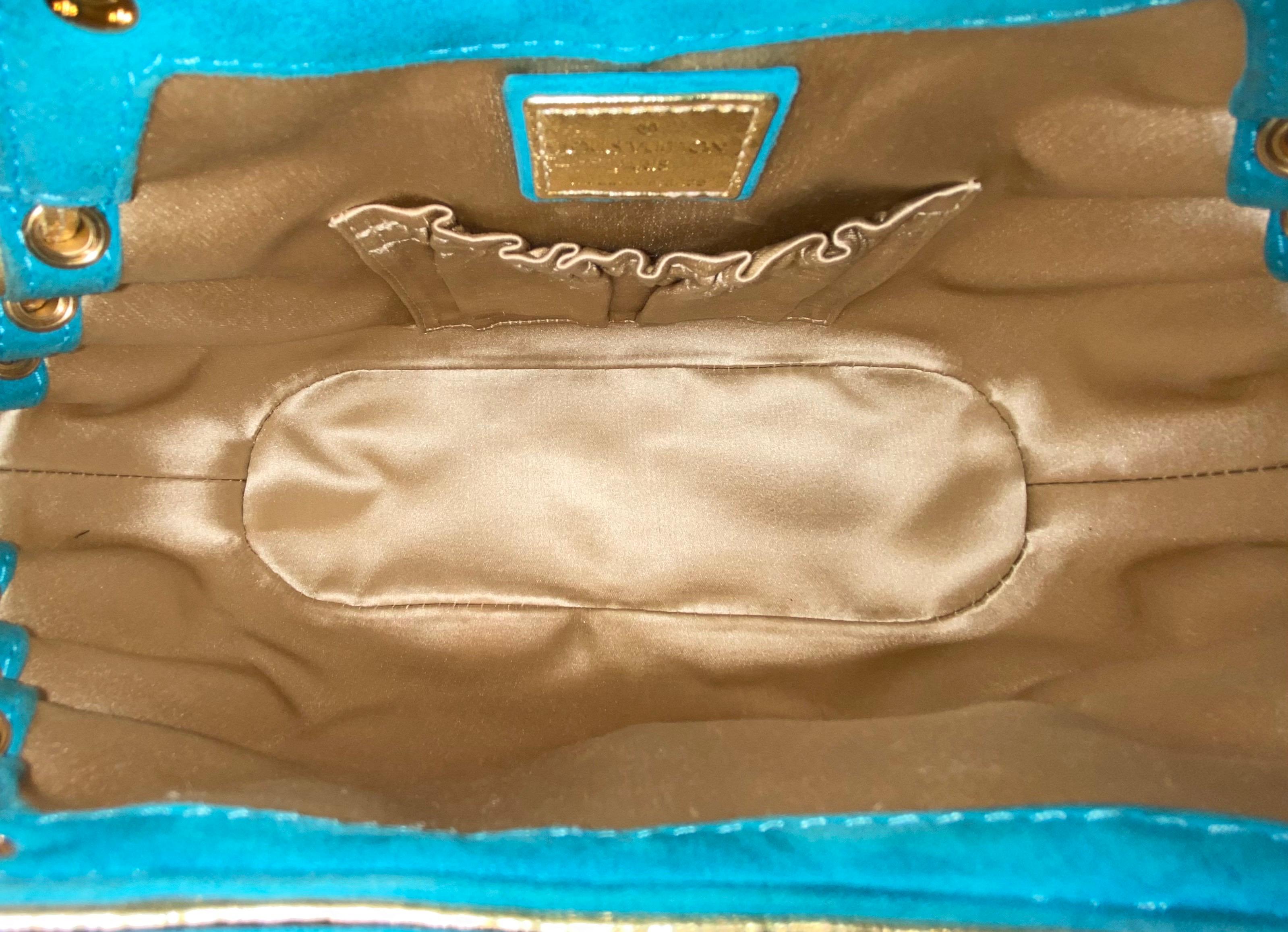 LOUIS VUITTON Limited Edition Aqua Suede & Gold LV Monogram Lock Evening Bag For Sale 2