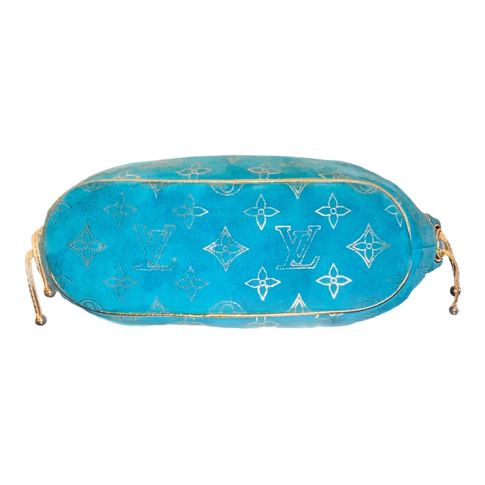 Blue LOUIS VUITTON Limited Edition Aqua Suede & Gold LV Monogram Lock Evening Bag  For Sale