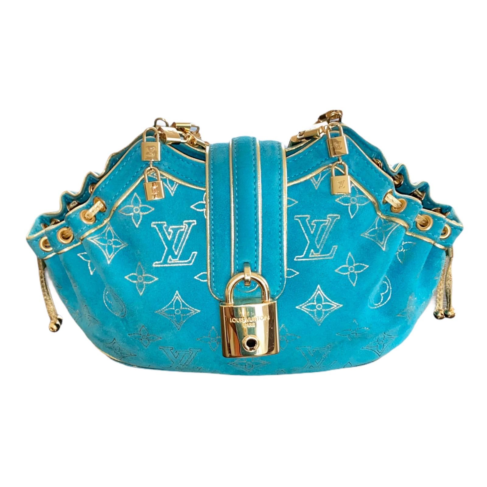 LOUIS VUITTON Limited Edition Aqua Suede & Gold LV Monogram Lock Evening Bag  In Good Condition For Sale In Switzerland, CH