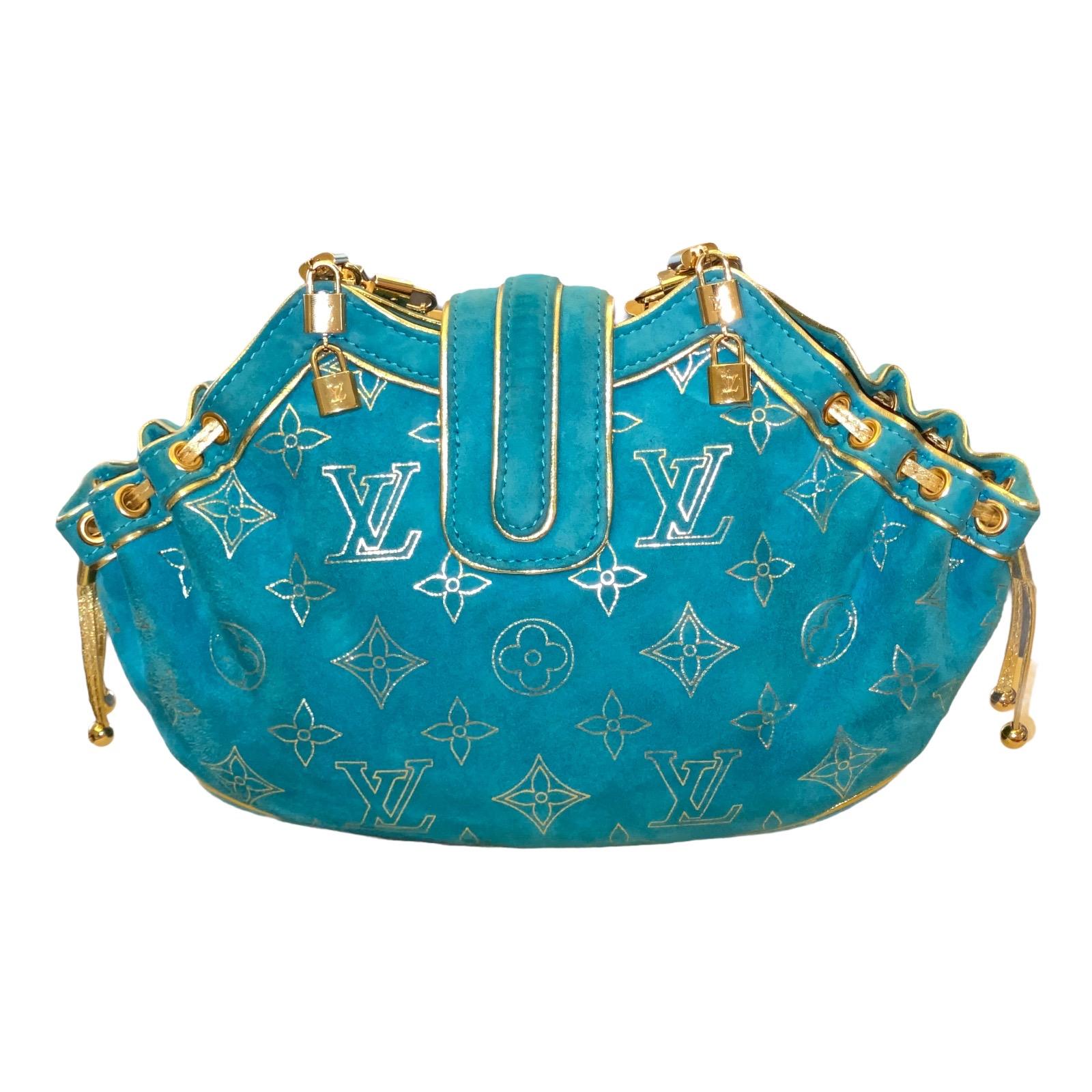 Women's LOUIS VUITTON Limited Edition Aqua Suede & Gold LV Monogram Lock Evening Bag  For Sale