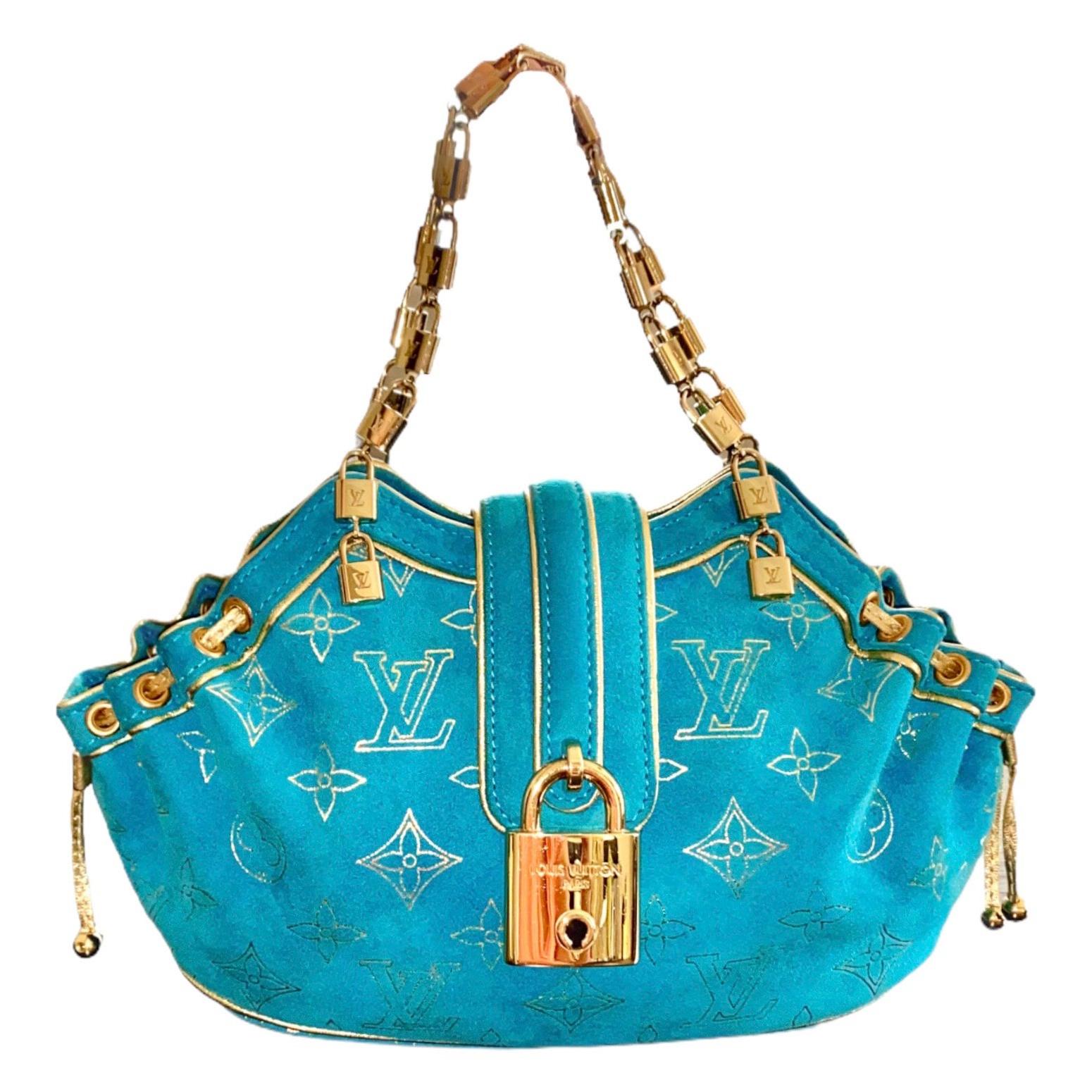 LOUIS VUITTON Limited Edition Aqua Suede & Gold LV Monogram Lock Evening Bag  For Sale