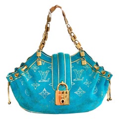 Vintage LOUIS VUITTON Limited Edition Aqua Suede & Gold LV Monogram Lock Evening Bag 