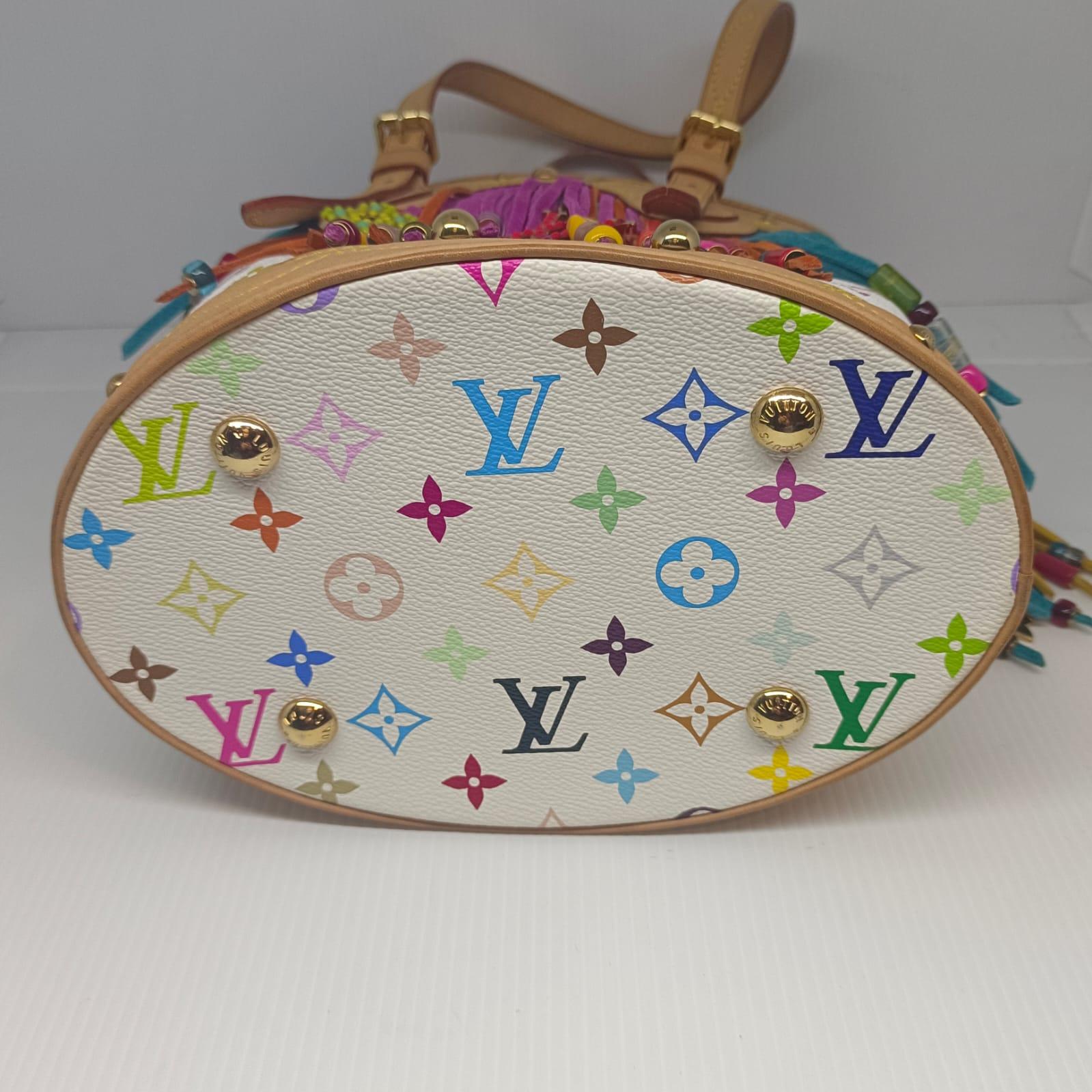 Rare Louis Vuitton White Monogram Multicolor Murakami Fringe Bucket Bag For Sale 7