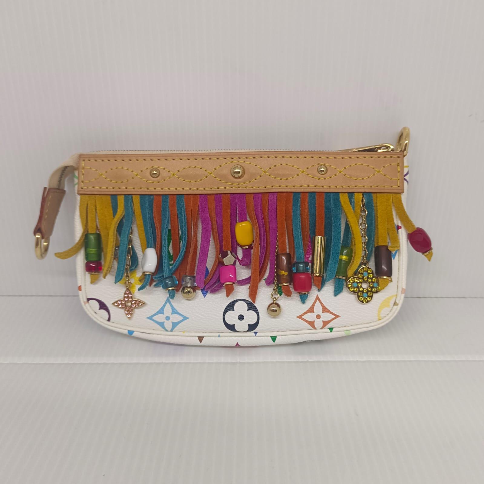 Rare Louis Vuitton White Monogram Multicolor Murakami Fringe Bucket Bag For Sale 14