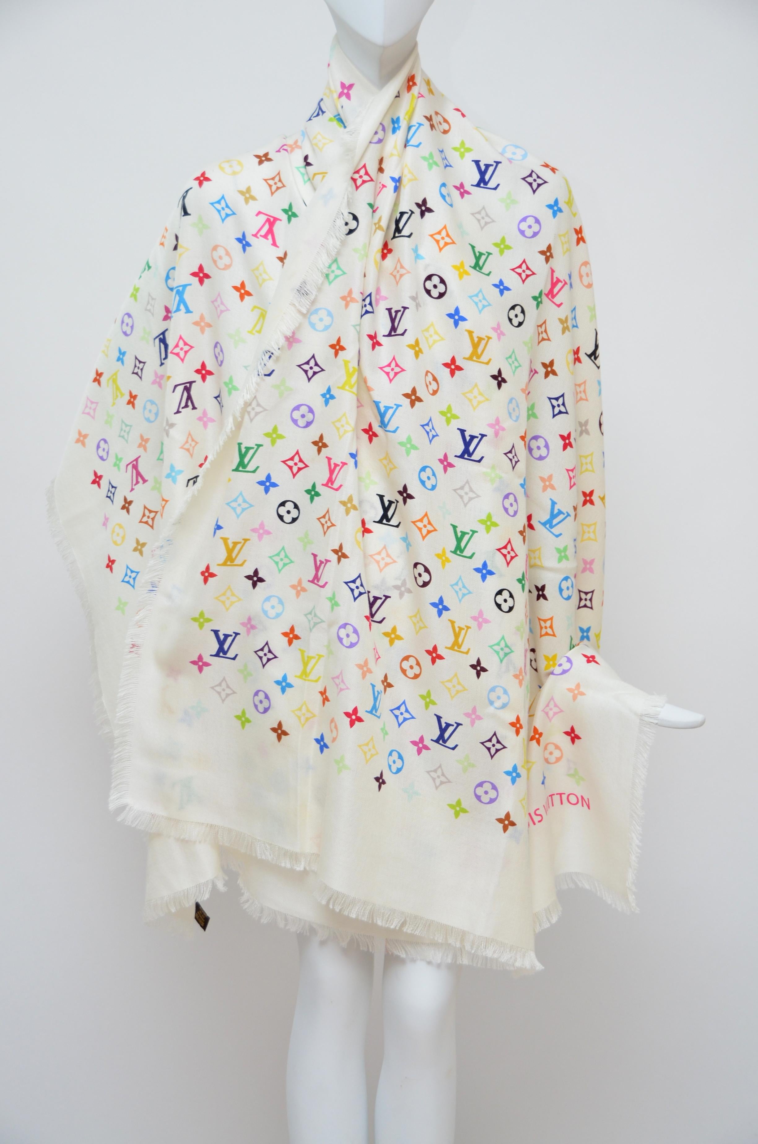Limited edition Louis Vuitton X  Takashi Murakami Collaboration large size scarf
Creme and multicolor Louis Vuitton cashmere & silk stole with Multicolore monogram pattern throughout and fringe trim throughout hemline. 
Length: 80