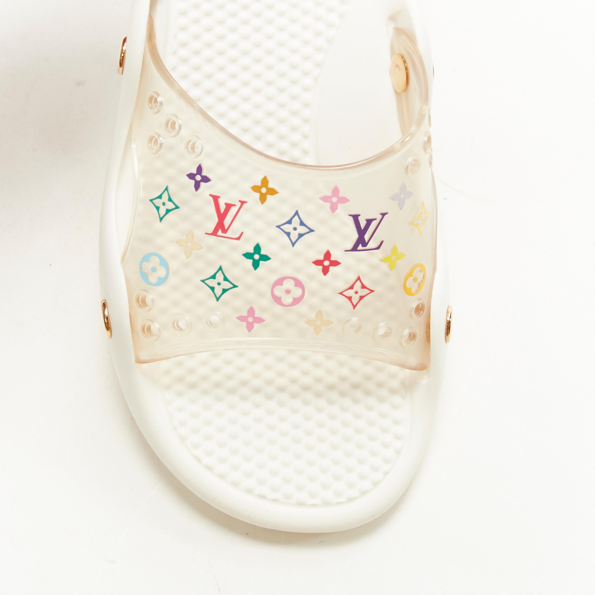 rare LOUIS VUITTON Y2K white multicolour monogram clear PVC pool slides EU37 In Good Condition In Hong Kong, NT
