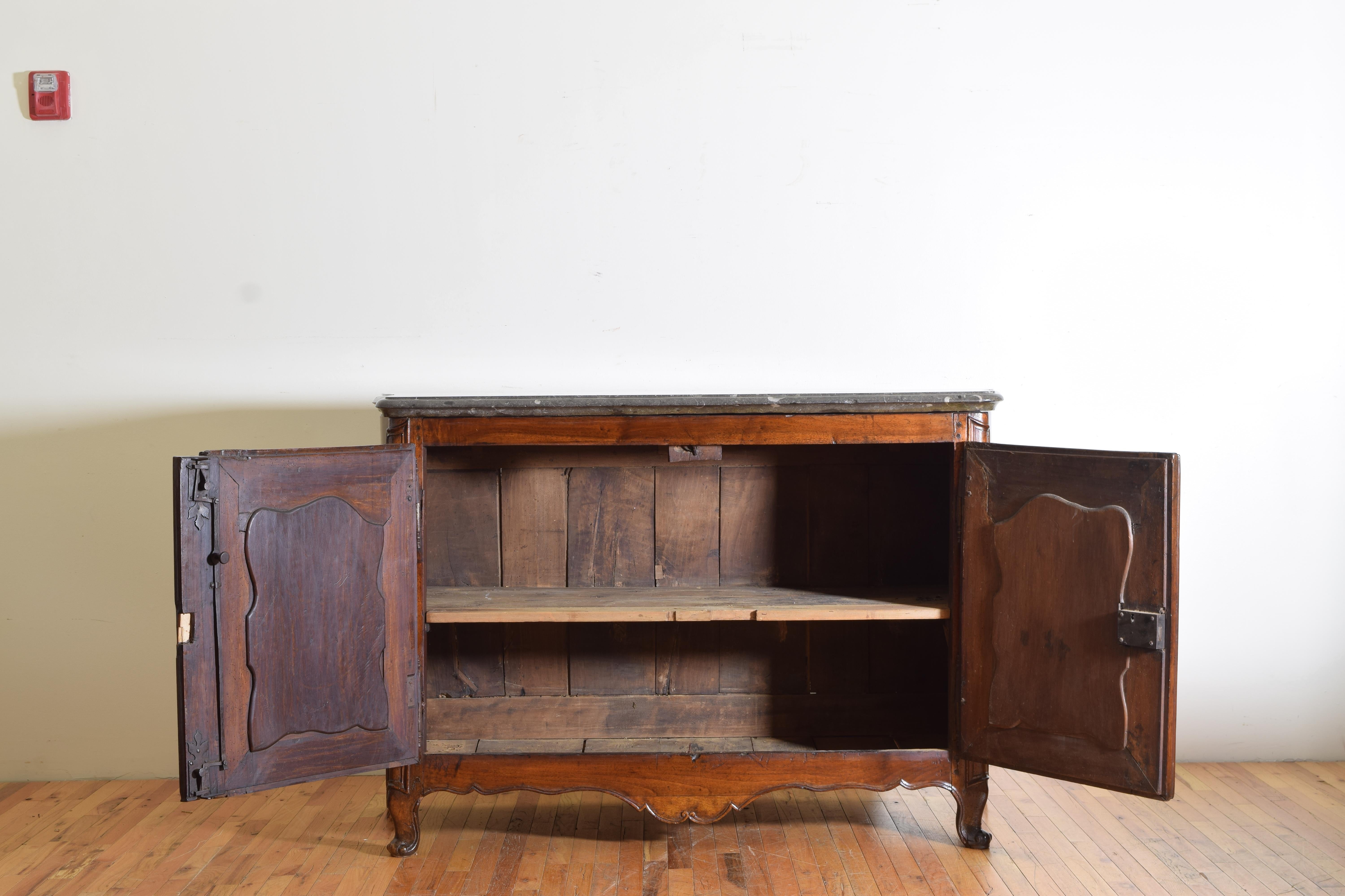 Rare Louis XIV/XV Period Carved Walnut Buffet, Marrone Fossilized Marble Top 4