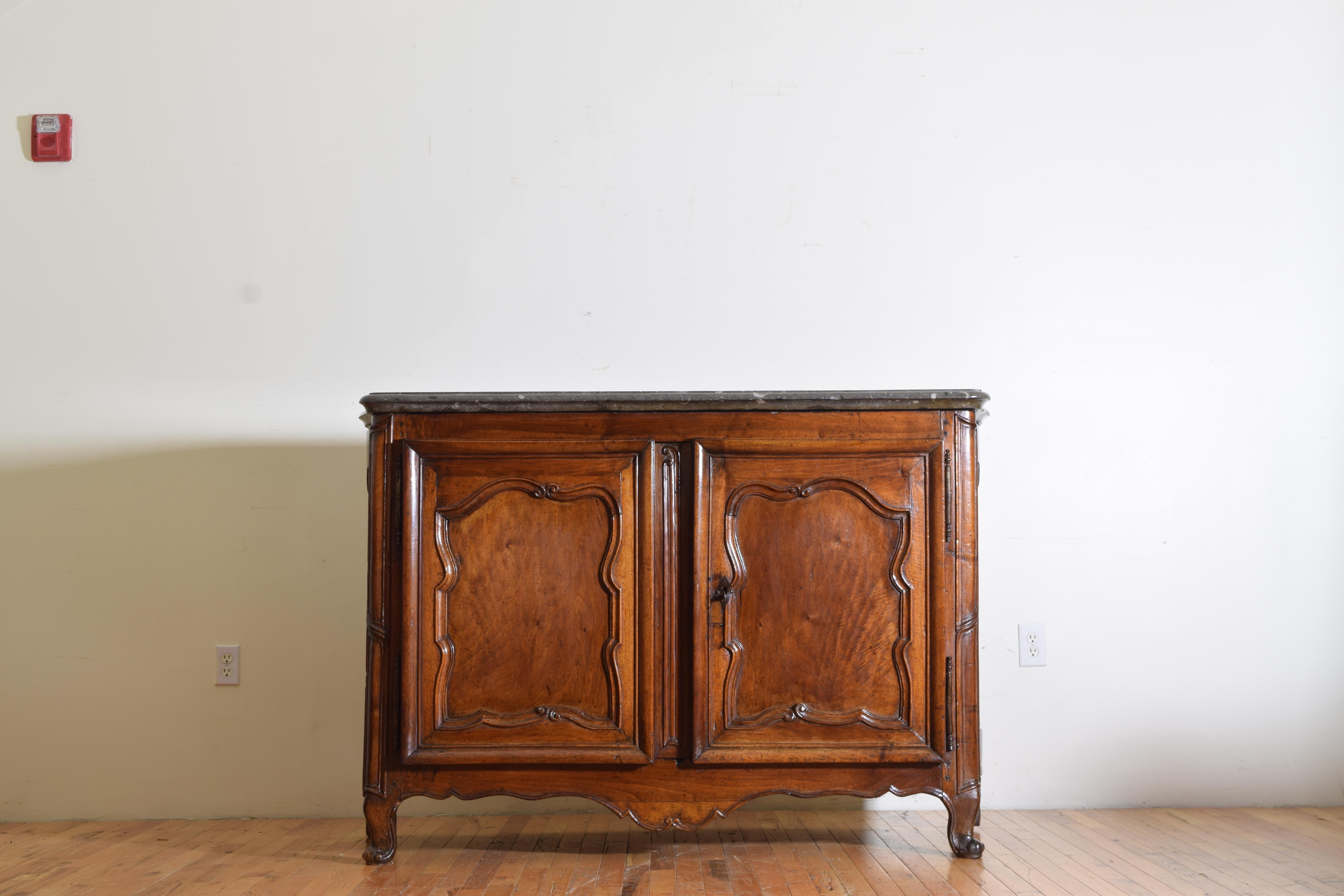 18th Century Rare Louis XIV/XV Period Carved Walnut Buffet, Marrone Fossilized Marble Top