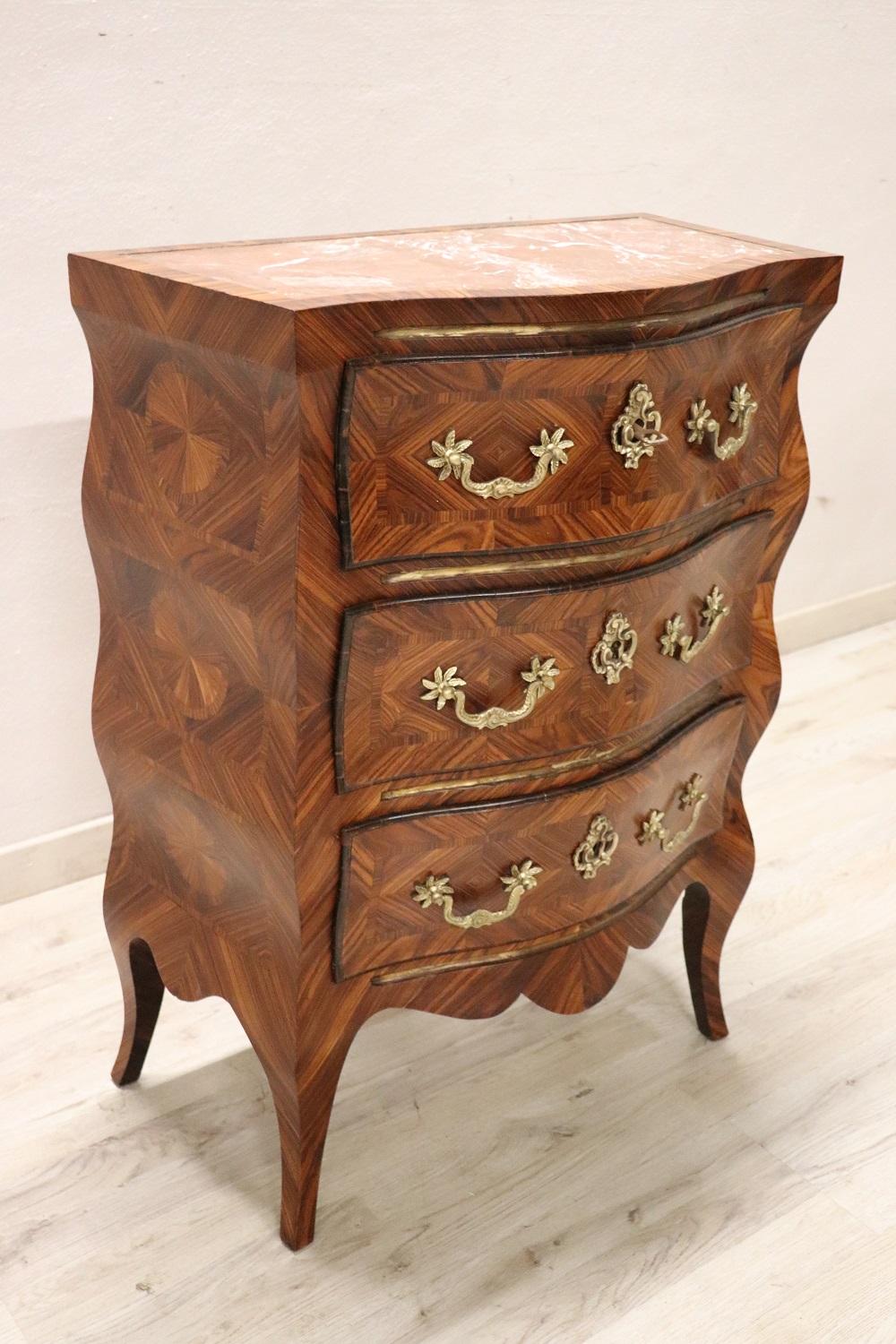 Italian Rare Louis XV Style Small Chest of Drawers with Marble Top, Restored For Sale
