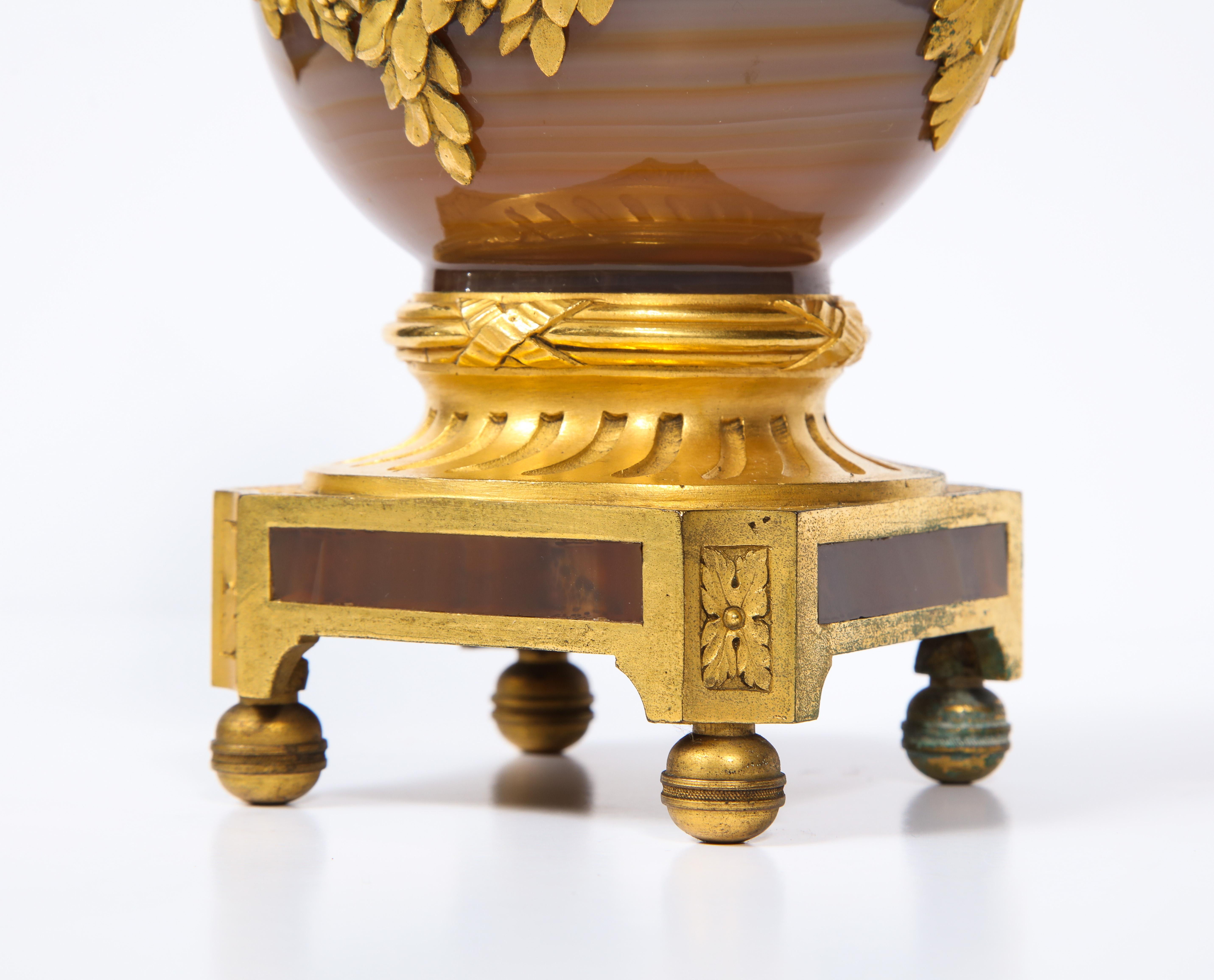Rare Louis XVI Russian Ormolu Mounted Agate Vase with Dore Bronze Swan Handles For Sale 7