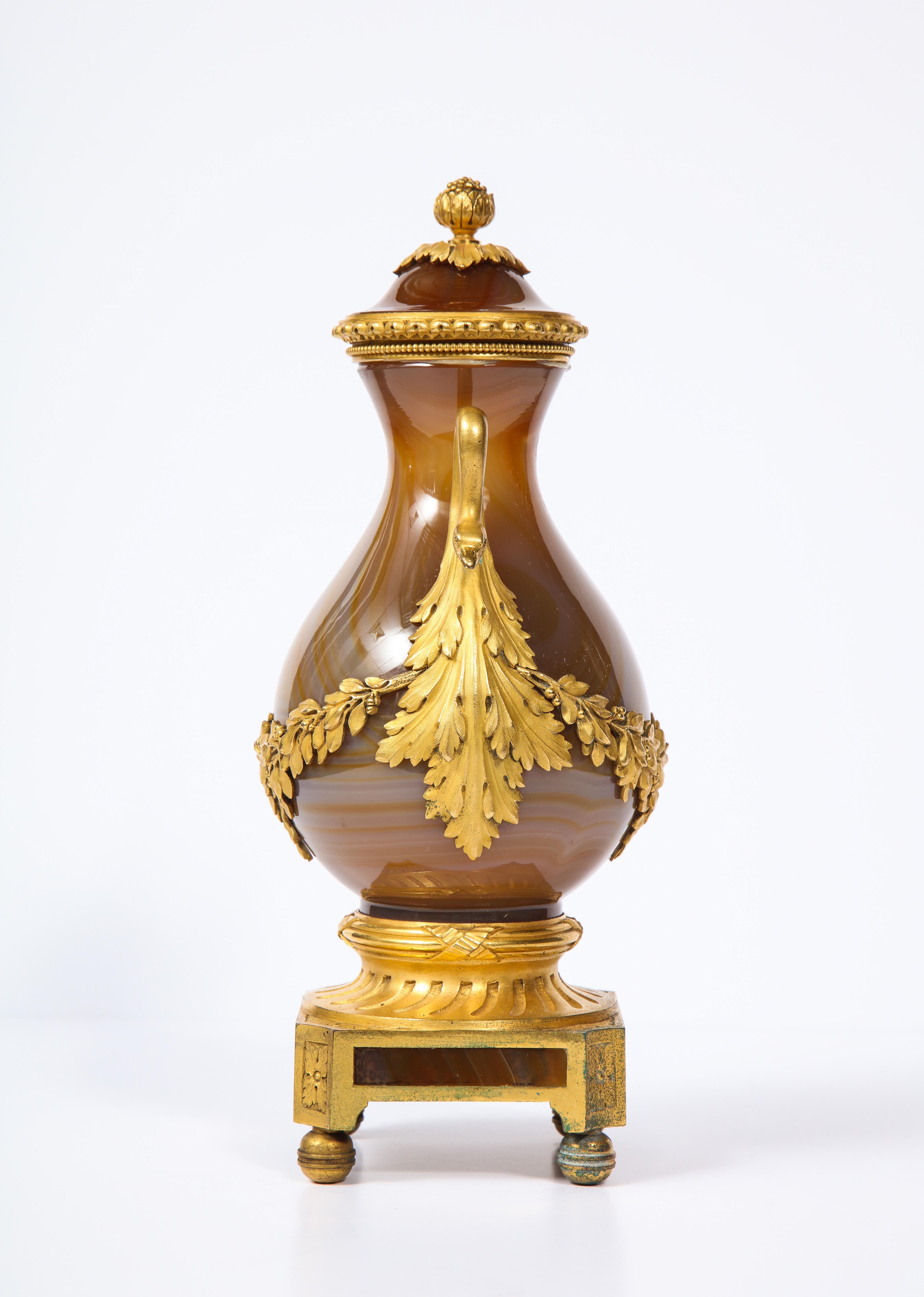 Gilt Rare Louis XVI Russian Ormolu Mounted Agate Vase with Dore Bronze Swan Handles For Sale