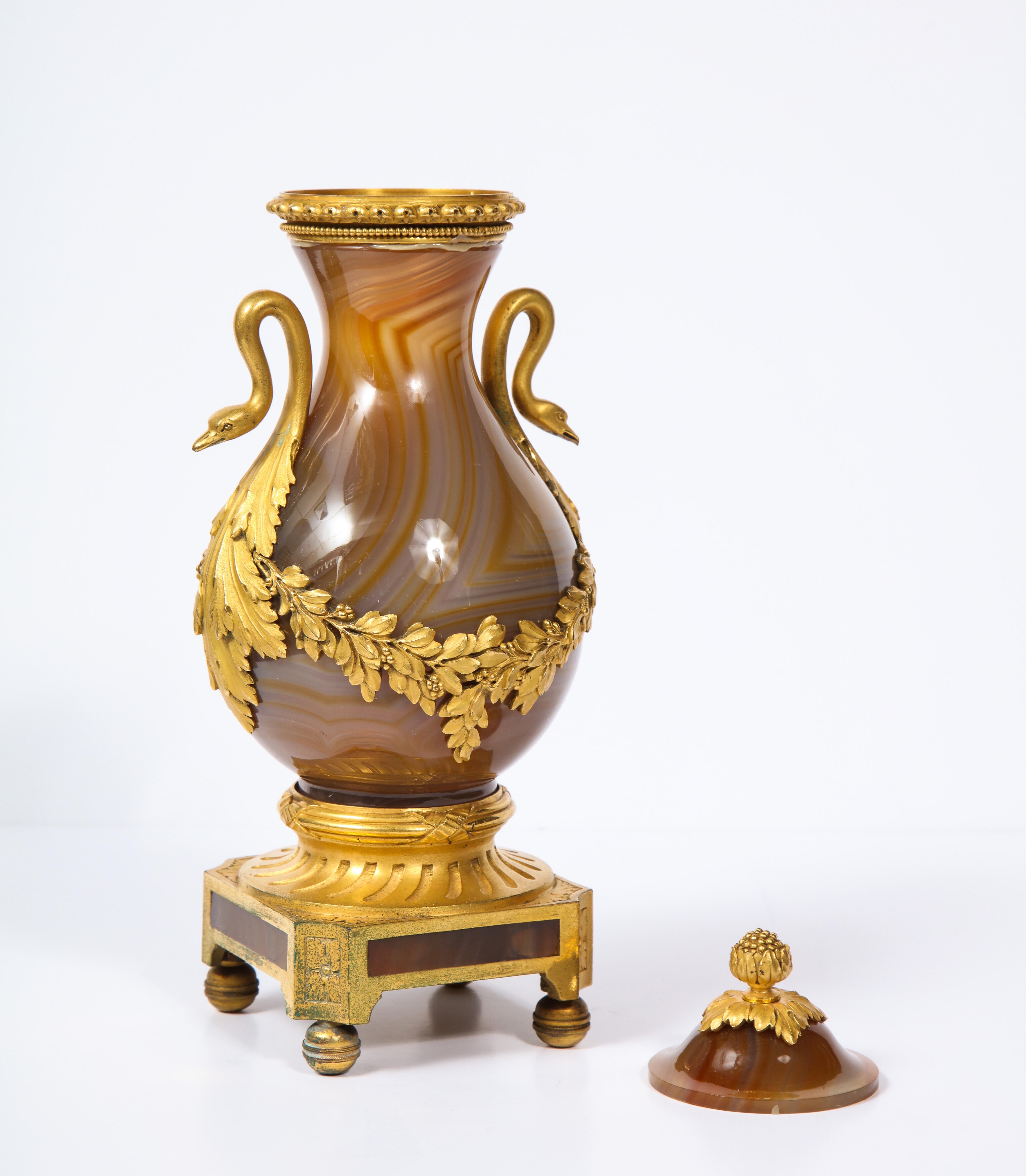 Rare Louis XVI Russian Ormolu Mounted Agate Vase with Dore Bronze Swan Handles In Excellent Condition For Sale In New York, NY