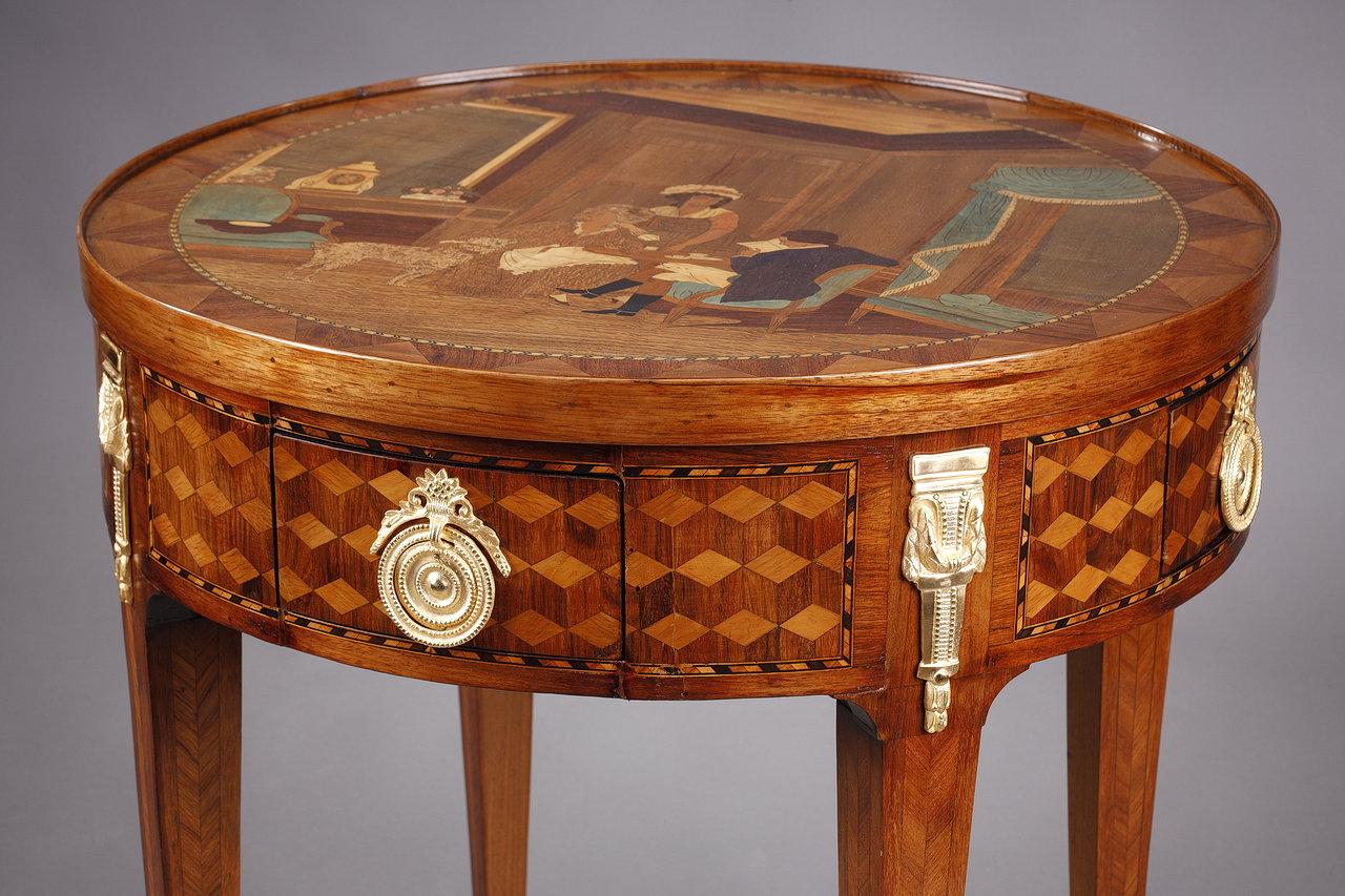 Rare Louis XVI style game table with wood marquetry decoration For Sale 8