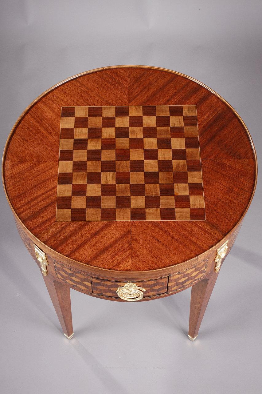 French Rare Louis XVI style game table with wood marquetry decoration